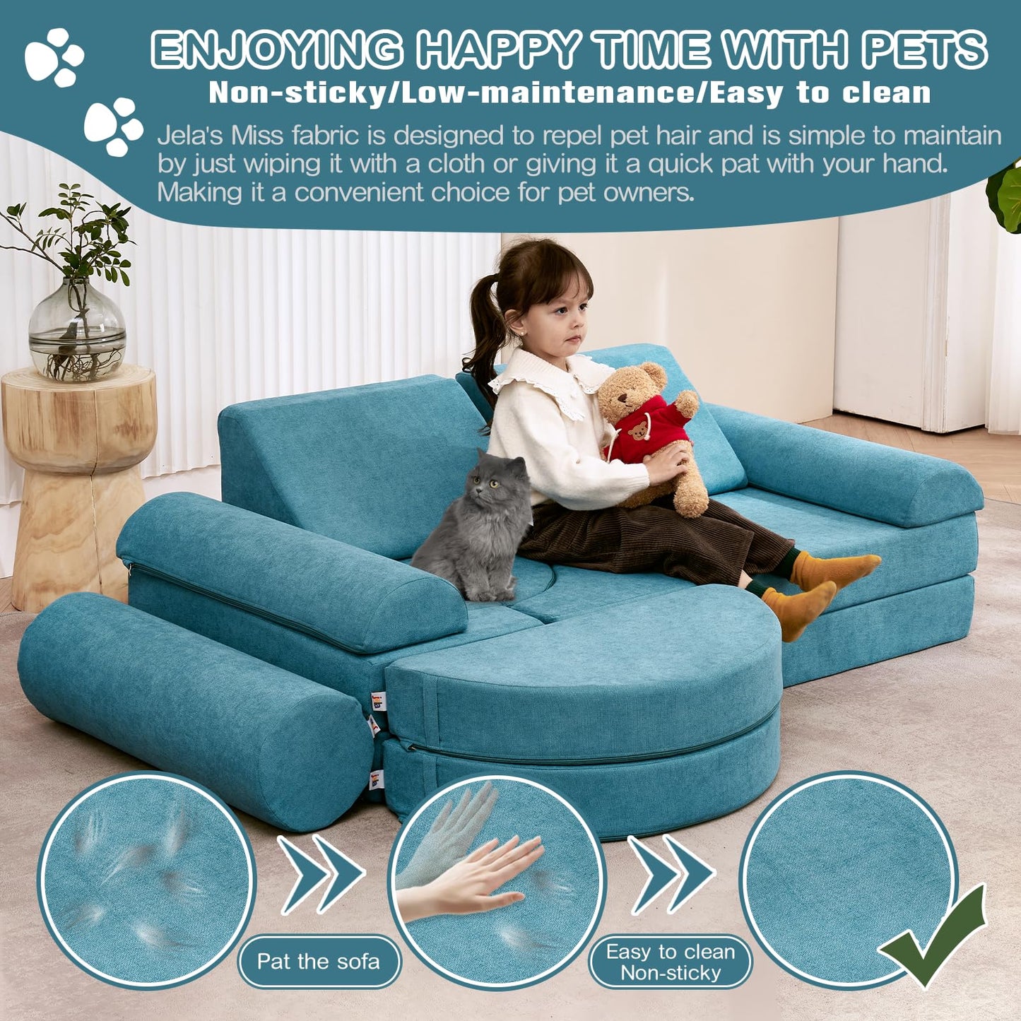 jela Couch 14PCS Luxury, Floor Sofa Modular Furniture for Adults,Kids. Playhouse Play Set for Toddlers Babies, Modular Foam Play Couch, Modular Sectional Sofa (Teal, 57"x28"x18")