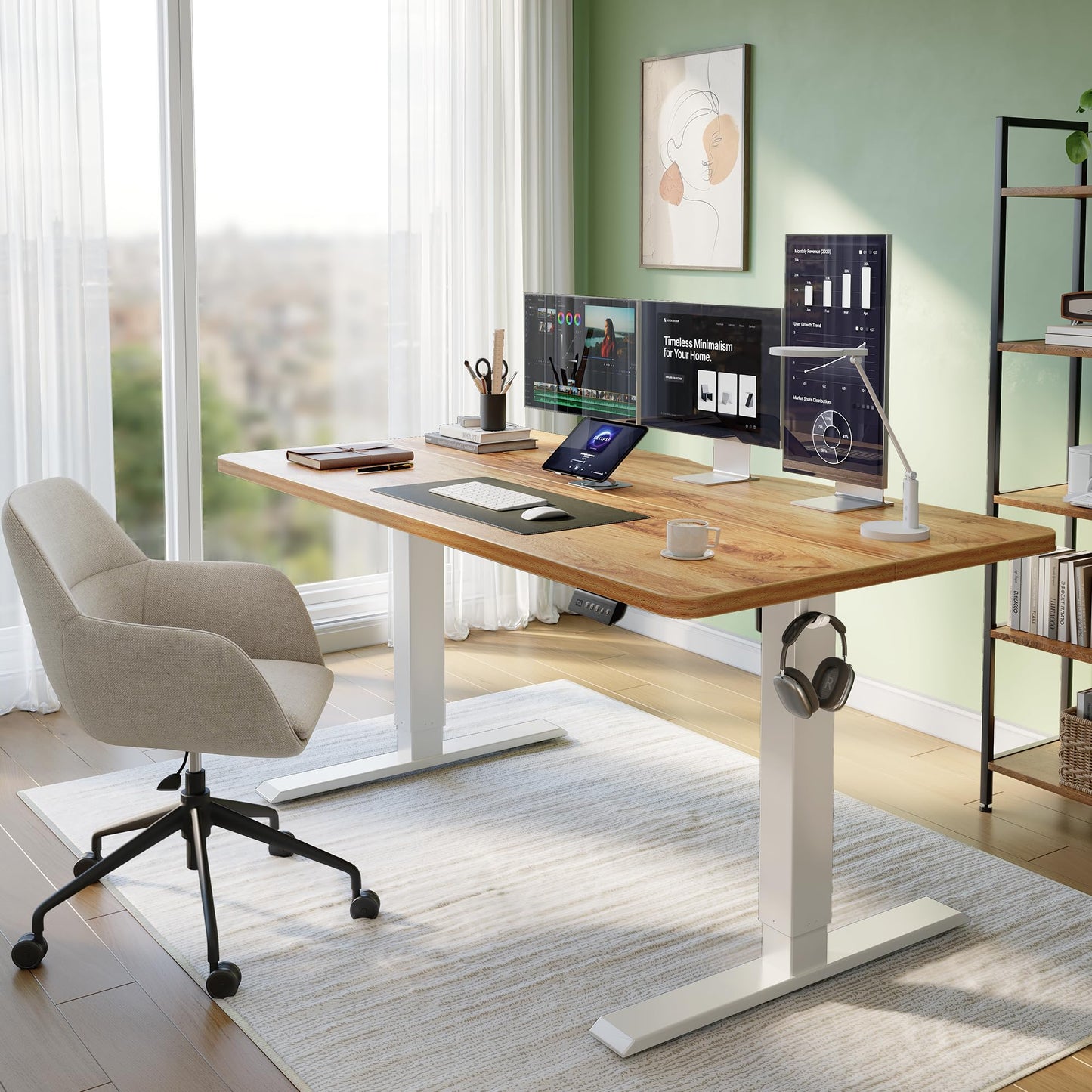 CubiCubi Standing Desk, 63 x 28 Inches Electric Height Adjustable Computer Desk, Sit Stand up Home Office Desk with Memory Presets, Natural