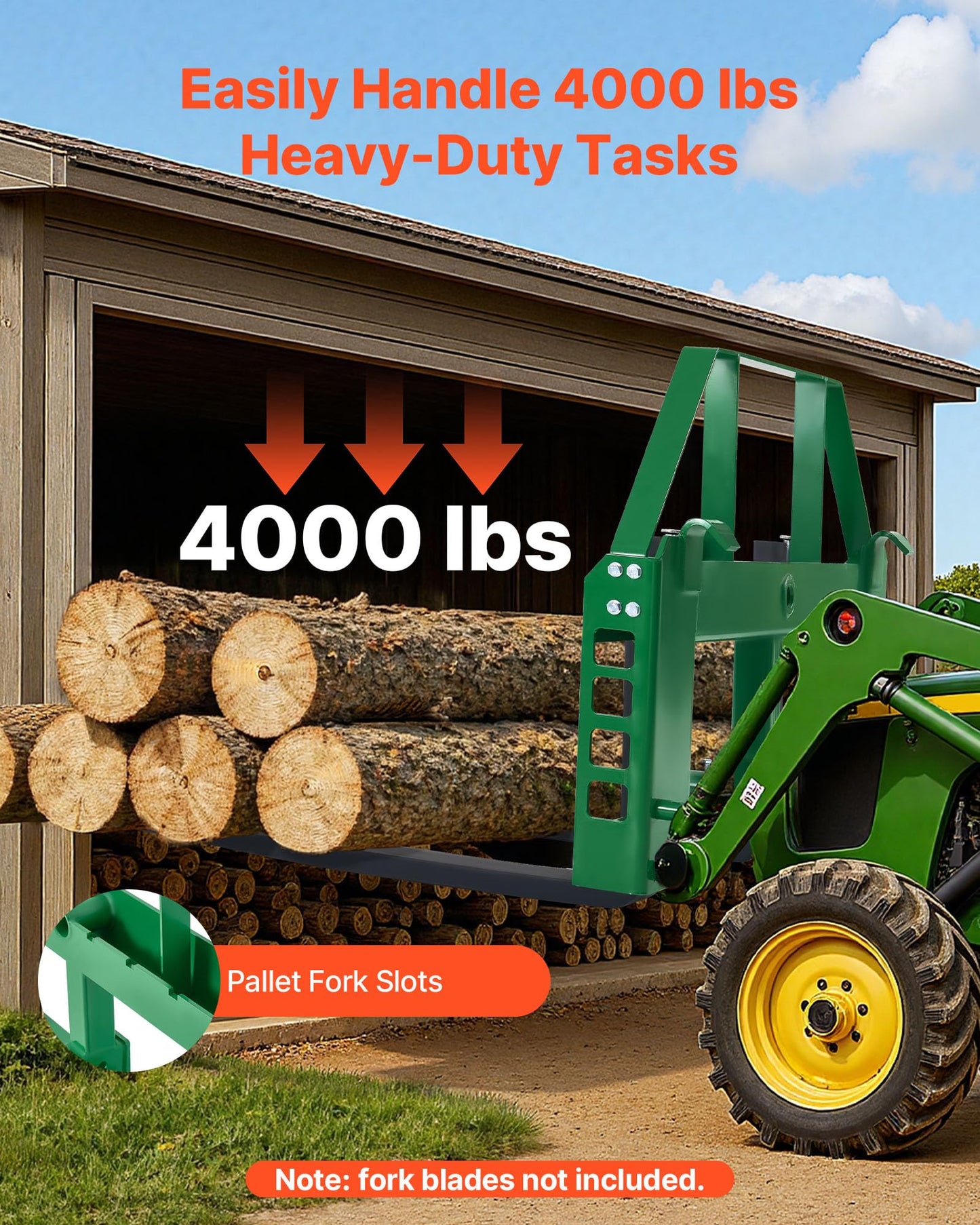 VEVOR Skid Steer Pallet Frame, 4000 lbs Rated Load Capacity, 50-inch Pallet Fork Frame Attachments with 2-inch Hitch Receiver & Spear Sleeves, Fit for John Deere Loaders Quick Attach Mount, Frame Only