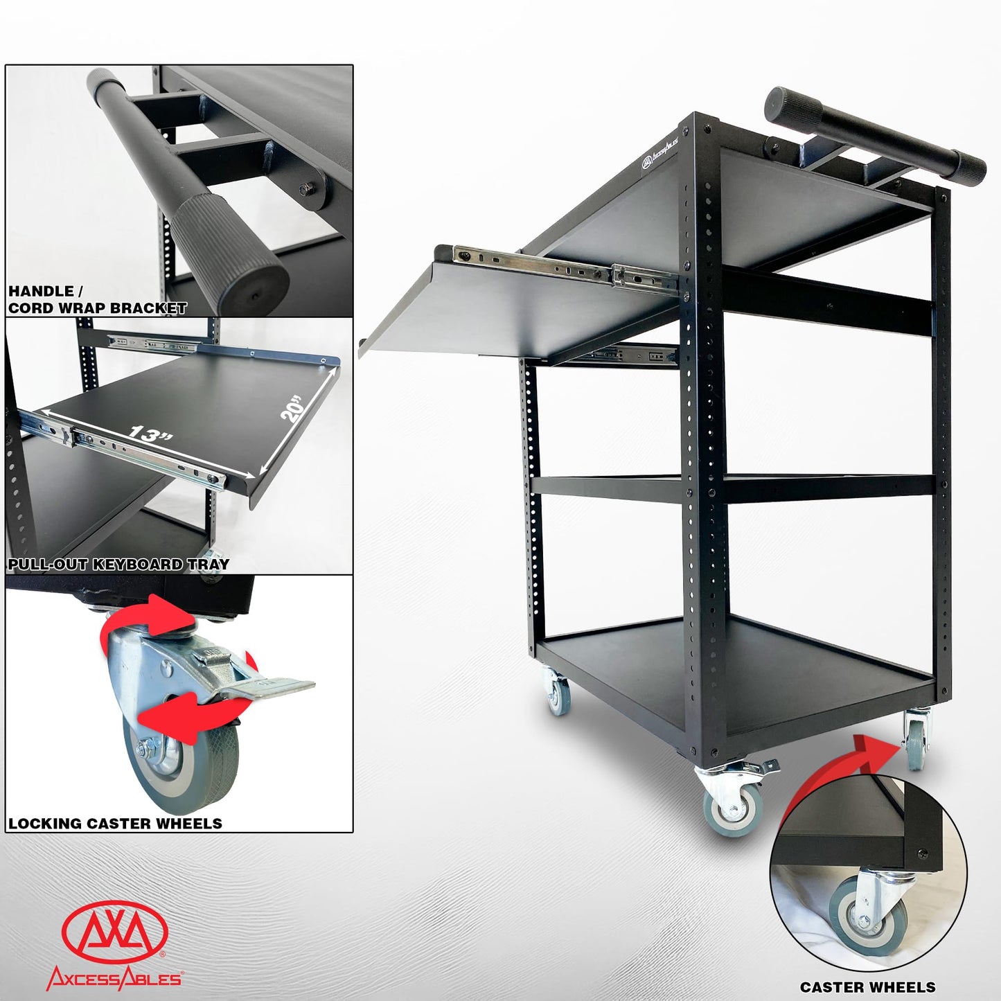 AxcessAbles Computer Cart on Wheels 400LB Capacity, Metal AV Equipment Utility Workstation, with Pullout Keyboard Tray, Locking Caster Wheels.
