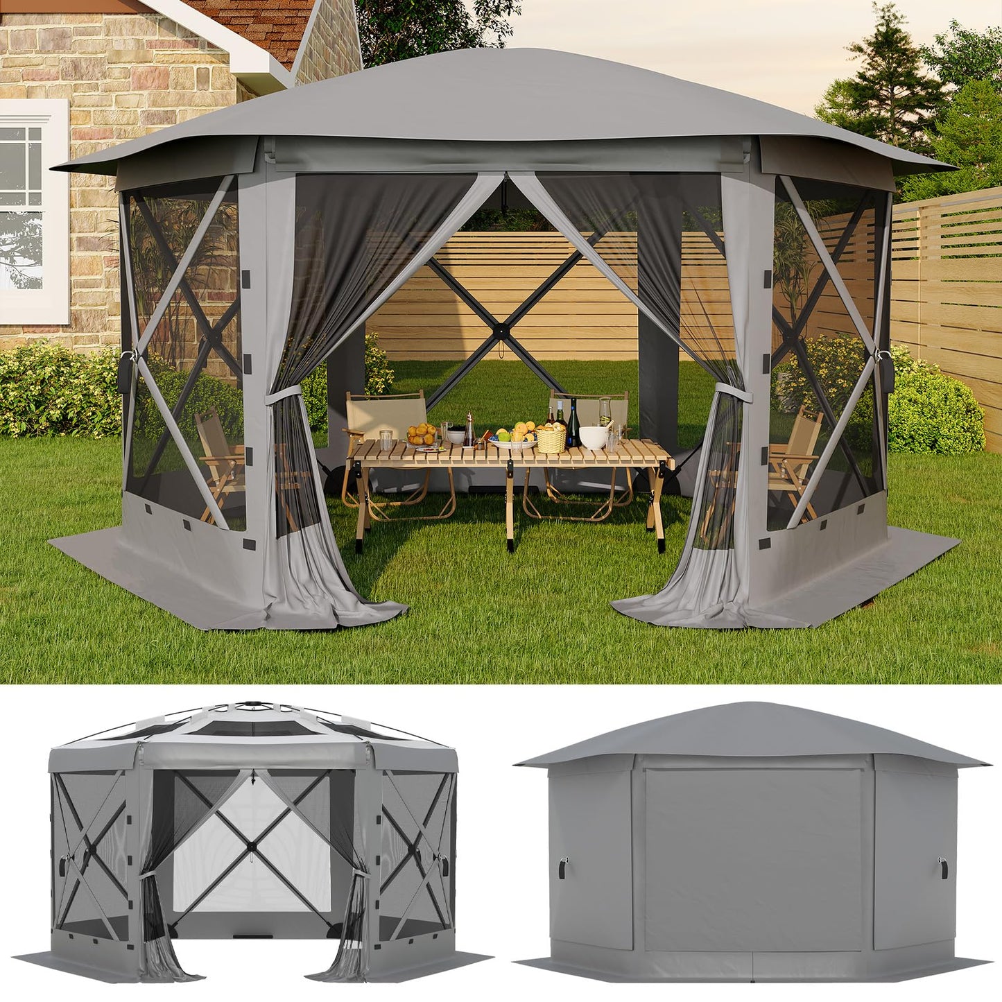 GarveeLife 11.5x11.5FT 6-Sided Pop Up Gazebo Tent，One-Push Setup Canopy Tent with Mesh Panels & Removable Wind Cloths, Outdoor shelter for Camping, Backyard Parties, Outdoor Events - Grey