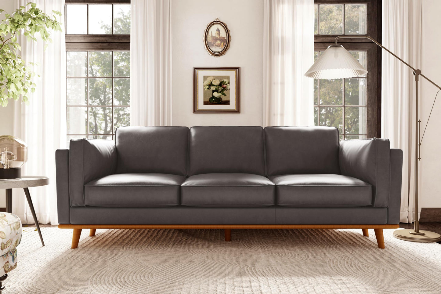 Valencia Artisan Full Leather Sofa 88” - Pure Full Italian Nappa Leather Couch, Solid Wood Accent, Ultimate Comfort, Modern Grey