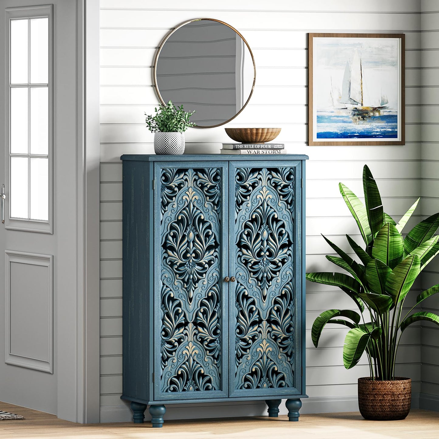 JOINICE 47" Tall Accent Cabinet with Carved Doors & Storage for Living Room,Blue Cabinet with Solid Wood Legs & 100lbs Capacity, Farmhouse/Rustic Style for Dining Room, Bedroom, Hallway, Home Office