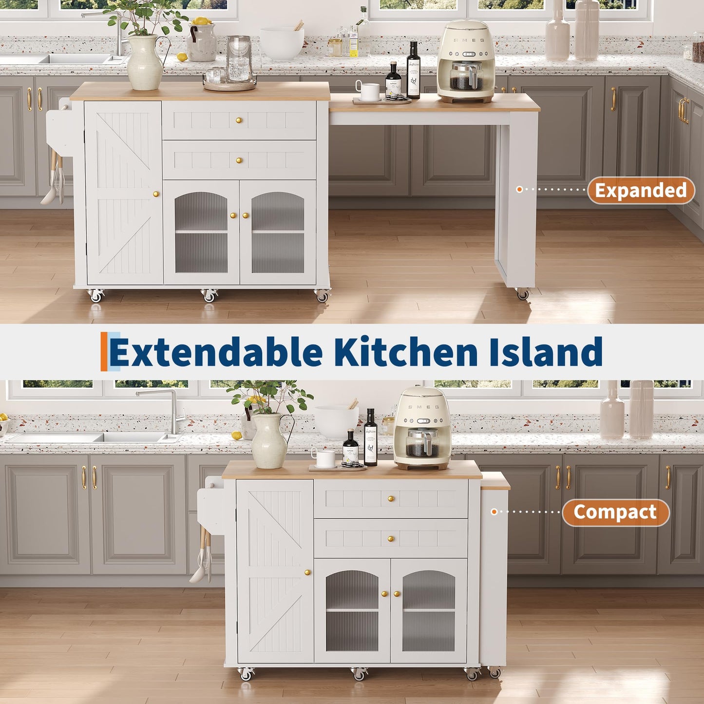 78.3” Rolling Kitchen Island with Extendable Table, Storage Cabinet, Drawers & Shelves, White Modern Mobile Island Cart on Wheels, Farmhouse Wood Island Table for Kitchen, Dining Room, Home Bar