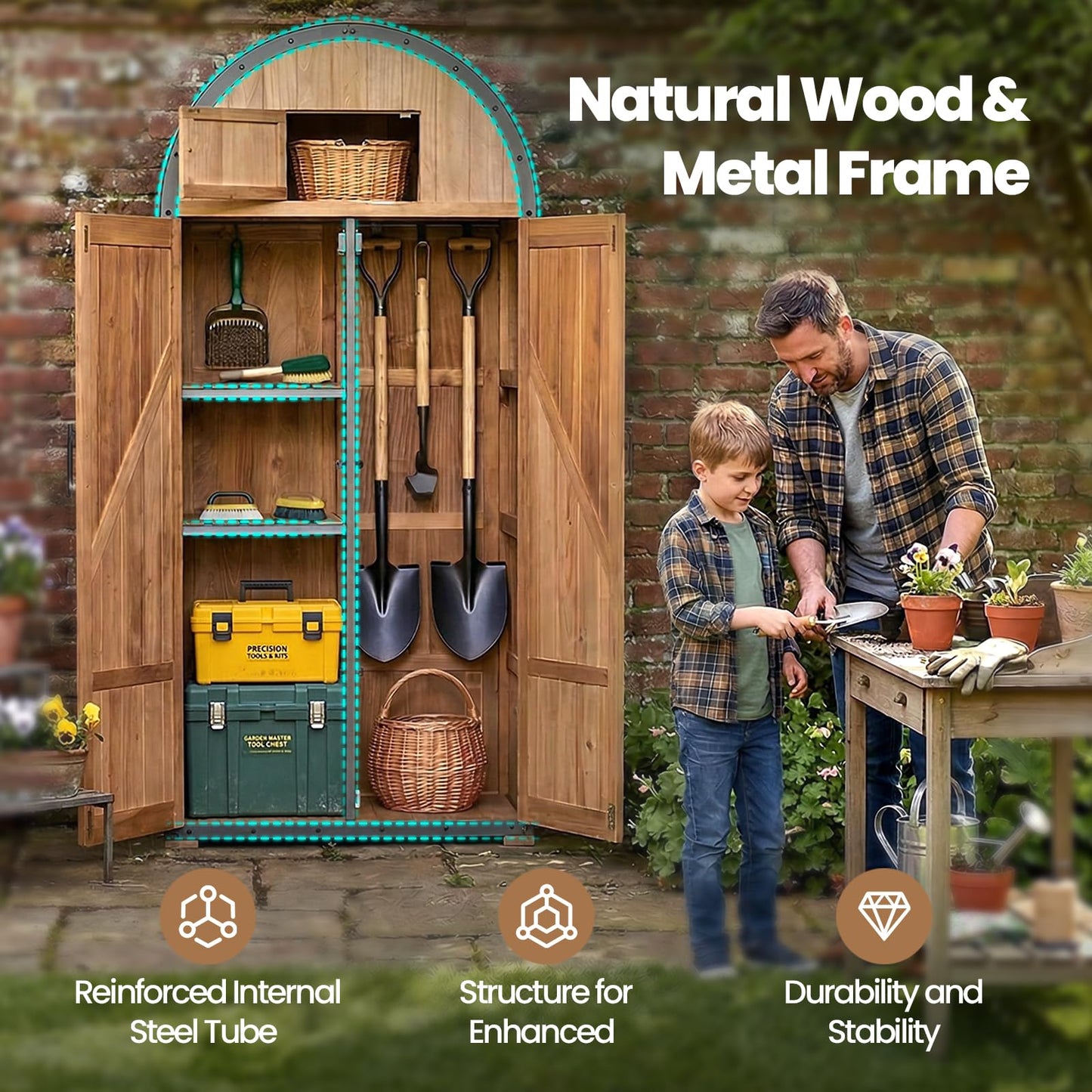 NORTHSKY All-in-One Shed Outdoor Storage, Waterproof Lockable Vertical Garden Shed Tool Cabinet, Solid Wood Storage Shed with Metal Frame & Domed Roof for Patio Backyard Garden Lawn Tool Equipment