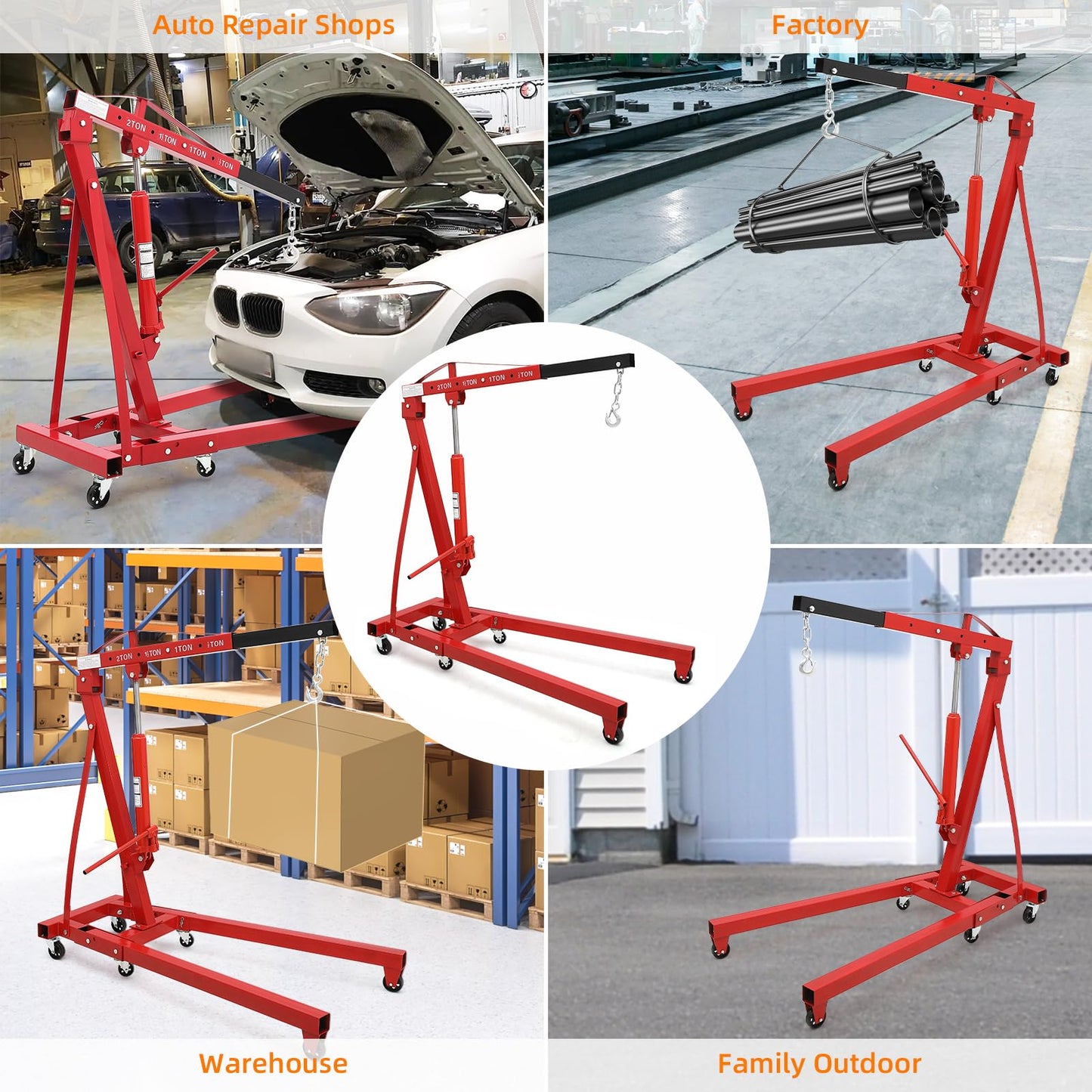Garvee 2 Ton Engine Hoist, Hydraulic Cherry Picker Engine Crane, Heavy Duty Folding Shop Crane with 6 Casters, Engine Lift for Garage, Workshop, Red