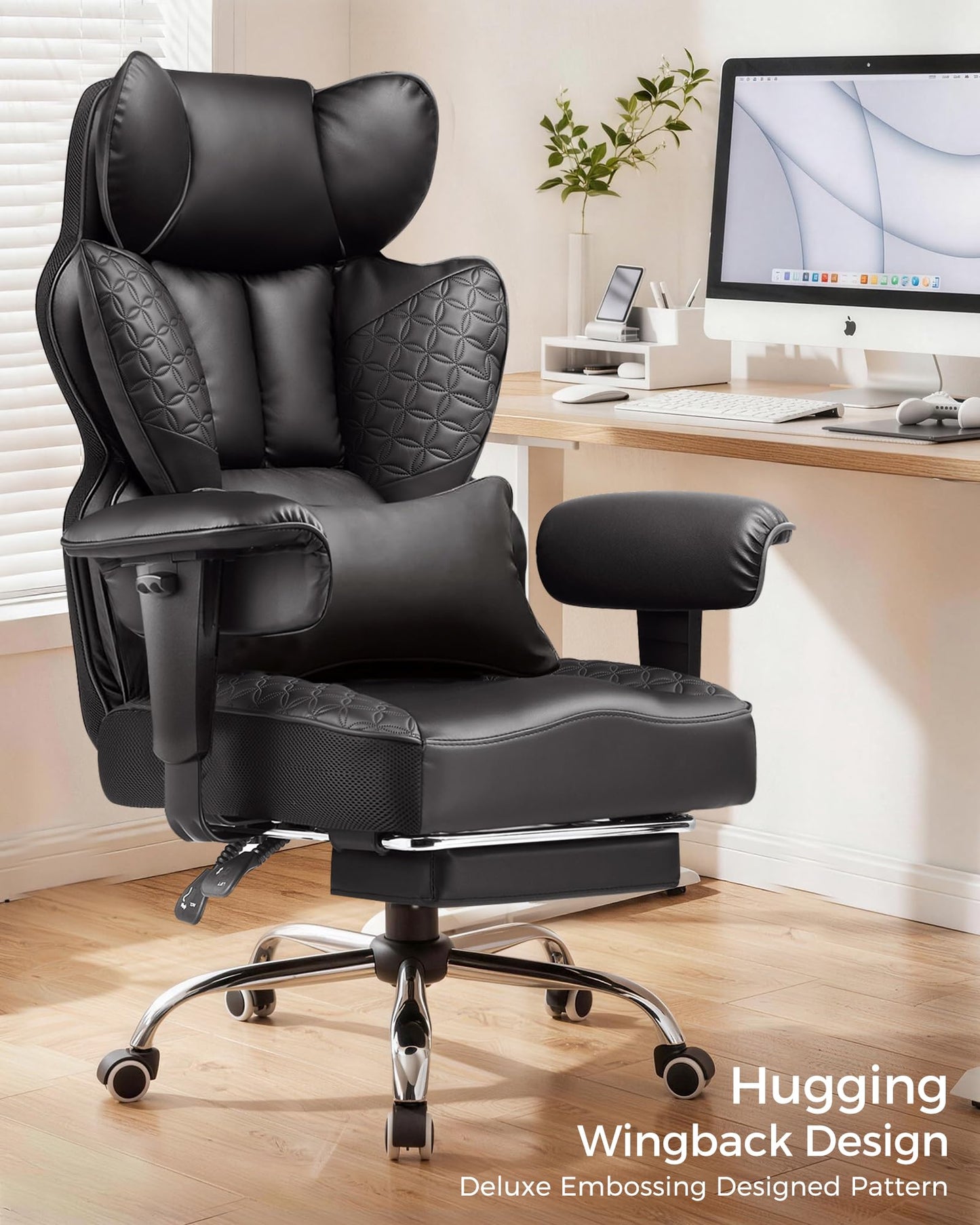 COMHOMA Big and Tall Office Chair Heavy Duty Gaming Chair with Deluxe Embossing Leather High Back Wider Ergonomic Computer Chair with Foot Rest 150°Reclining Pocket Spring Lumbar Support