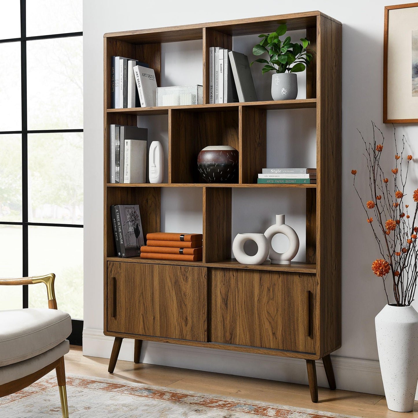 Modway Transmit 8 Shelf Bookcase with Sliding Doors in Walnut - 45 Inch Wood Mid-Century Modern Bookshelf - 4 Tier Tall Open Display Storage Cabinet for Living Room, Office, Hallway