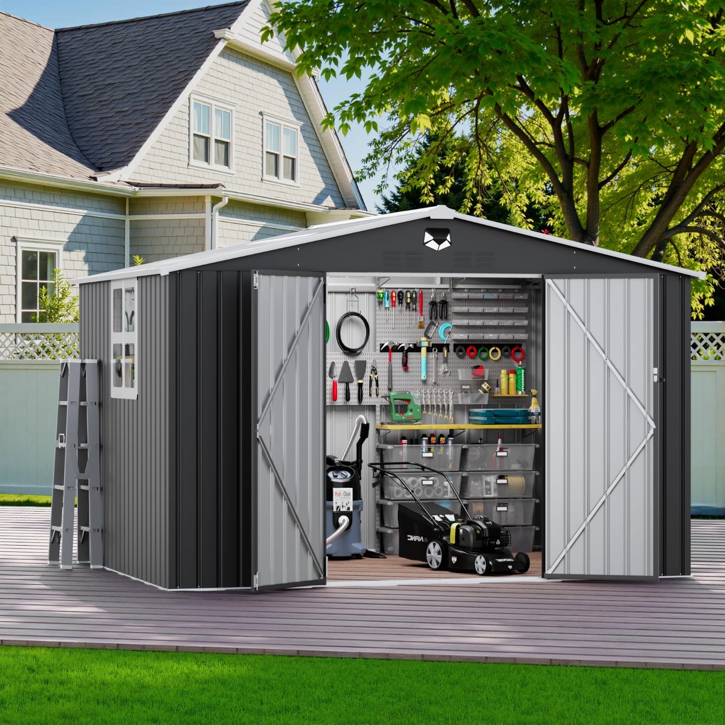 Benass 10X8 FT Outdoor Storage Shed, Metal Garden Shed - Tool Storage Sheds with Lockable Doors & 1 Clear Window, Waterproof Outside Storage Building for Backyard, Patio (Black; Floor Not Included)