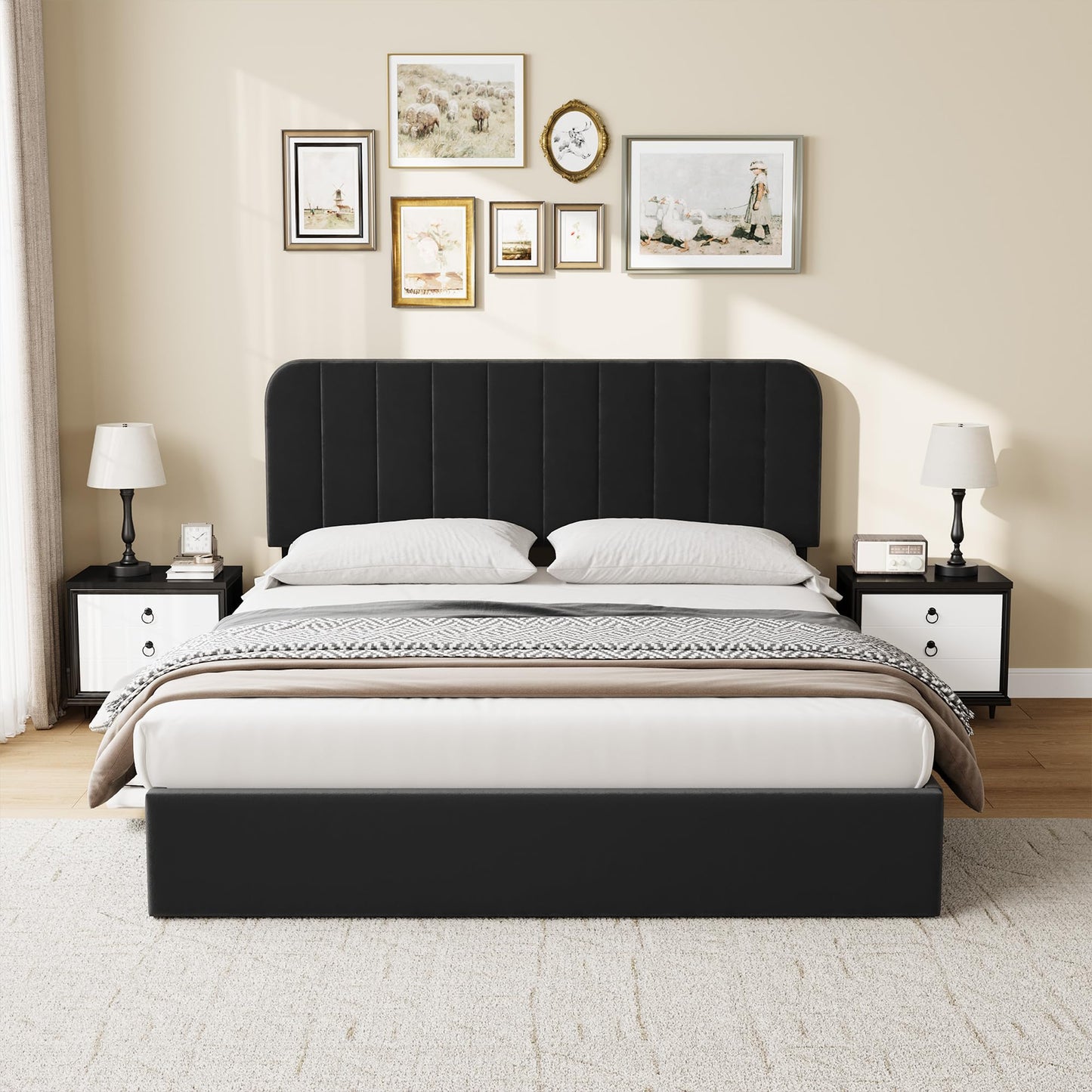 Garvee Queen Size Bed Frame with 4 Drawers, Upholstered Velvet Platform Bed with Height Adjustable Headboard, Wooden Slats Support, No Box Spring Needed, Easy Assembly, Black