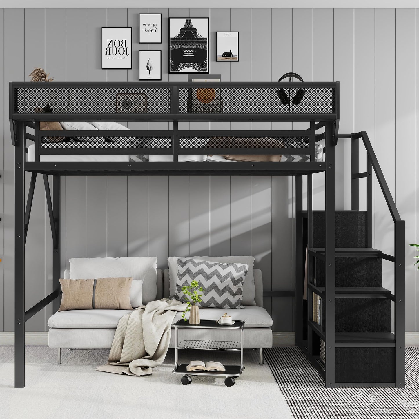 KEIKI Queen Size Metal Loft Bed Frame with Convertible Staircase, Built-in Storage Shelves and Wardrobe, Loft Bed with Solid Slats, Guardrail, No Box Spring Required, Easy Assembly, for Bedroom, Black