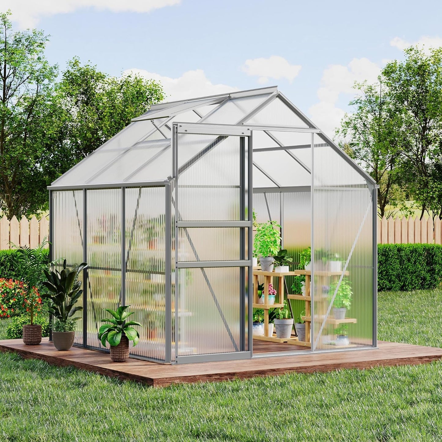 IDEALHOUSE 6x6 ft Polycarbonate Greenhouse with Adjustable Roof Vent, Walk-in Greenhouse for Outdoor Garden Backyard, Heavy Duty Aluminum Frame, 720g/M² PC Panels, Silver