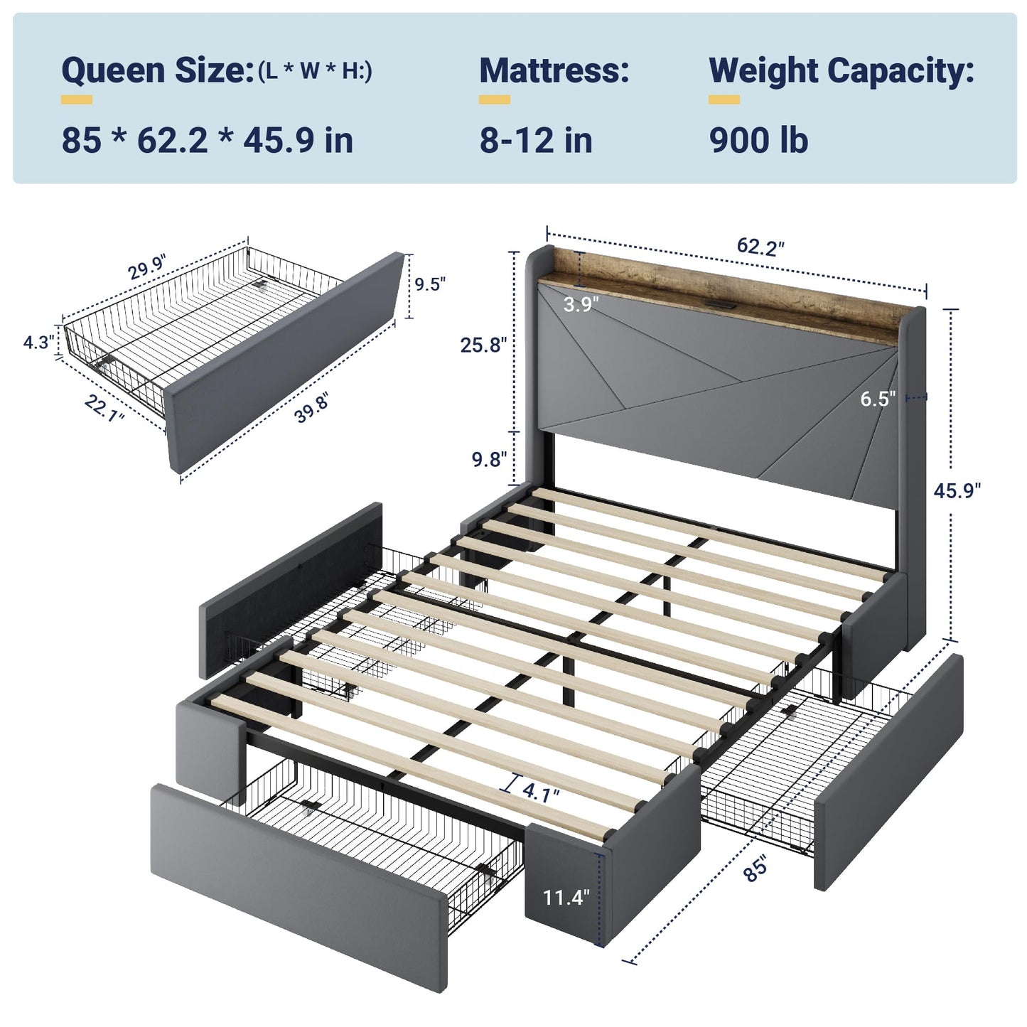 Allewie Queen Size Velvet Bed Frame with 3 Storage Drawers, Upholstered Platform Bed with Wingback Storage Headboard and USB Ports, No Box Spring Needed, Easy Assembly, Grey