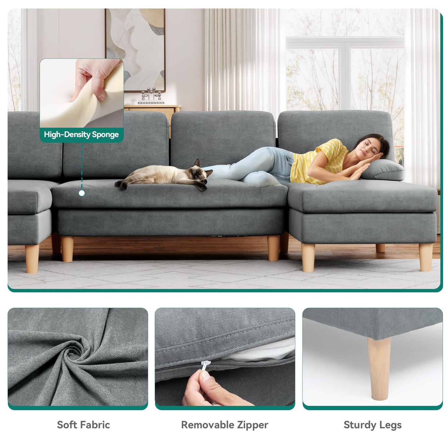 YITAHOME 109" U-Shaped Couch, 4-Seat Cloud Sofa with Dual Chaise Lounges, Storage Armrest, Cup Holder & Thick Cushions for Living Room