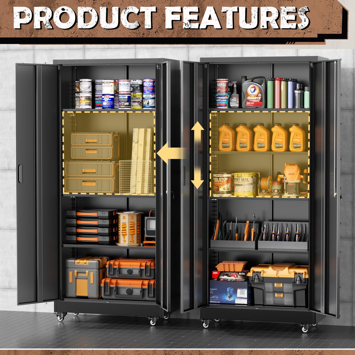 INTERGREAT Metal Garage Storage Cabinet with Wheels, Rolling Storage Cabinet with Locking Doors and 4 Adjustable Shelves,- 73" Steel Tool Cabinet for Home Office,Garage,Warehouse，Black