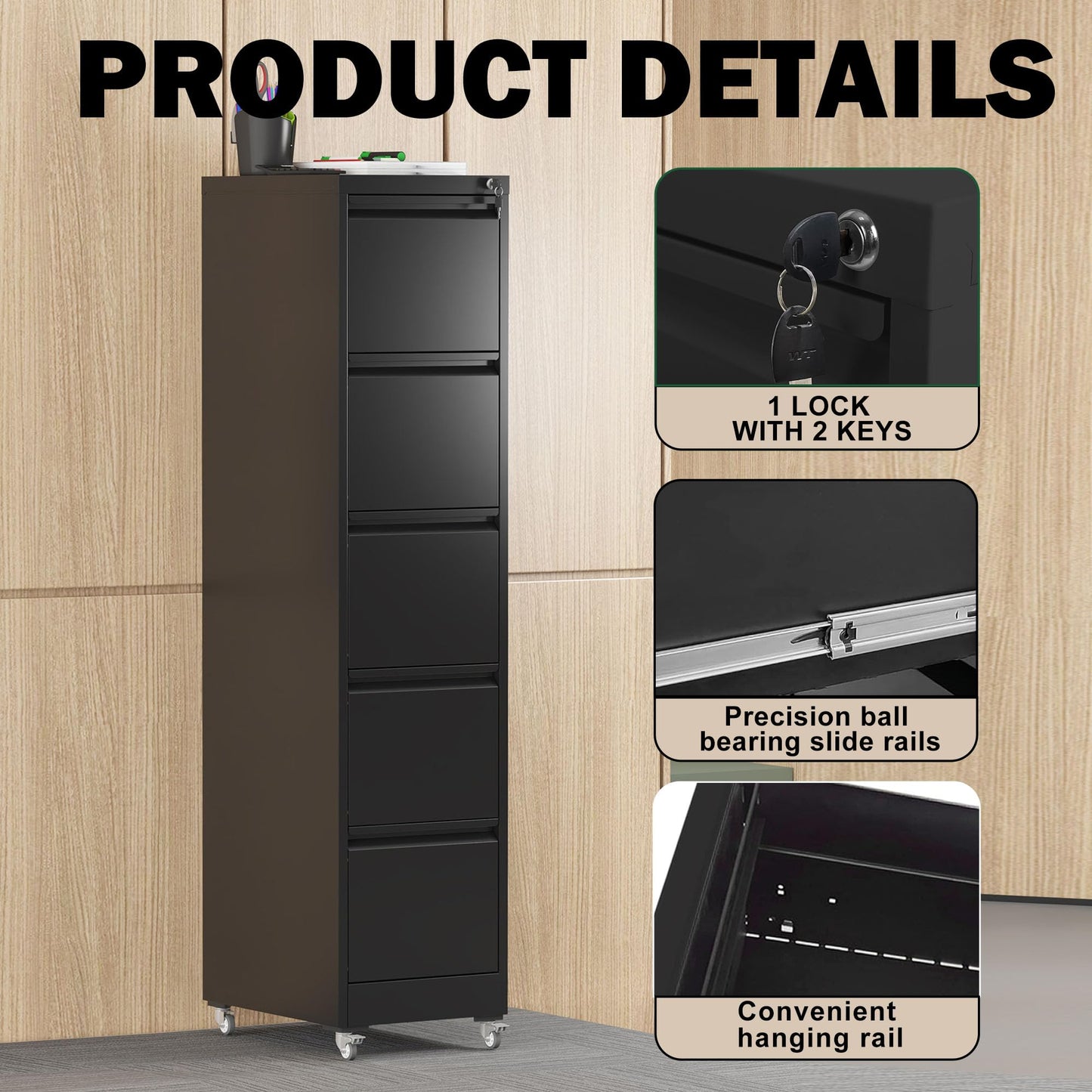 FOSTOKO 5 Drawers Filing Cabient with Wheel, File Cabinet with Lock, Steel Vertical Filing Storage Cabinet for Office, Heavy-Duty File Cabinets for Letters/Legal/A4 (Require Assembly, Black)
