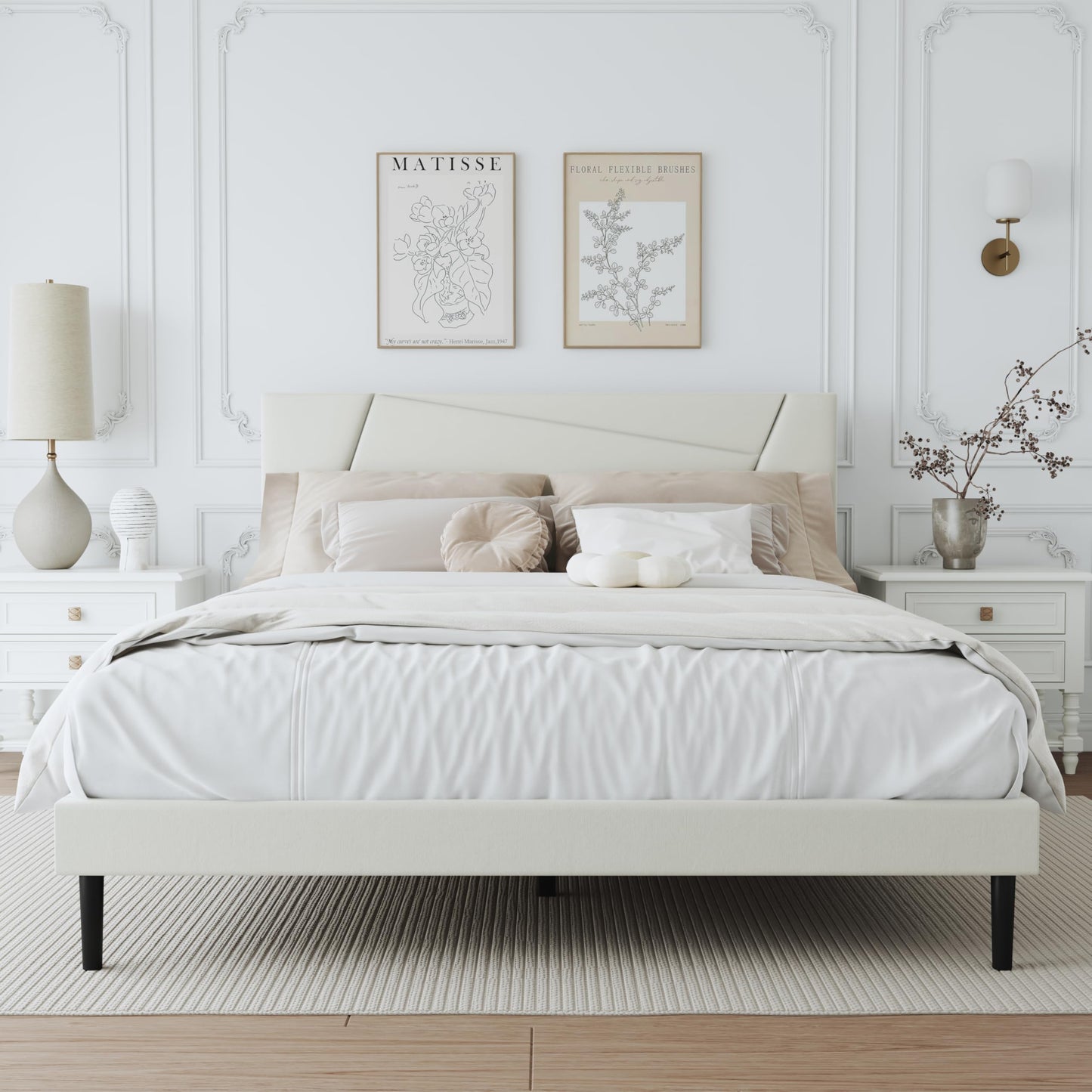 ZZBINUS Queen Size Bed Frame, Queen Size Platform Bed Frame with Headboard, Upholstered Headboard, Sturdy Wooden Slats, Noiseless No Box Spring Required, Easy to Assemble, Beige