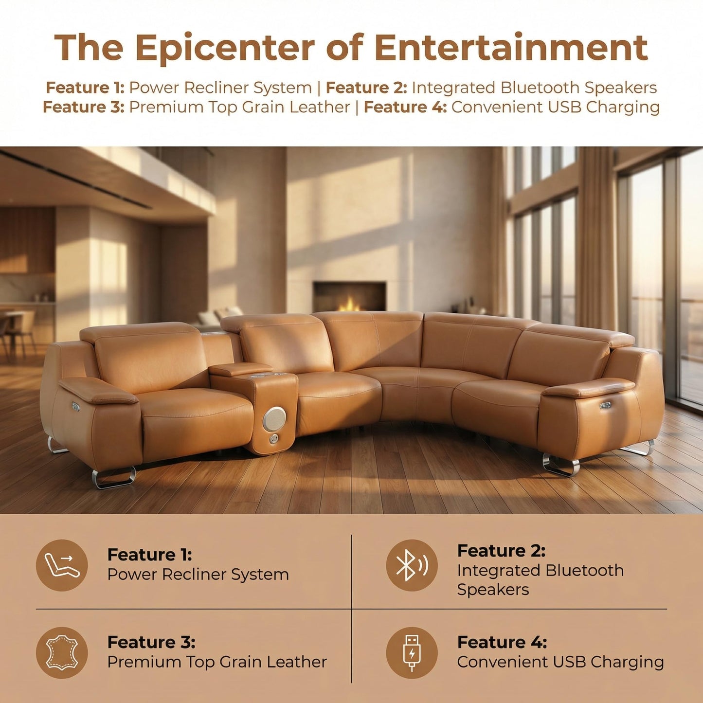 Trygoal Power Reclining Sectional Sofa Set, Modern L-Shaped Couch with USB Charging, 4 Seat Power Reclining Sofa, Reclining Sectional Couches for Living Room, Home, Office, Leather, Orange Yellow