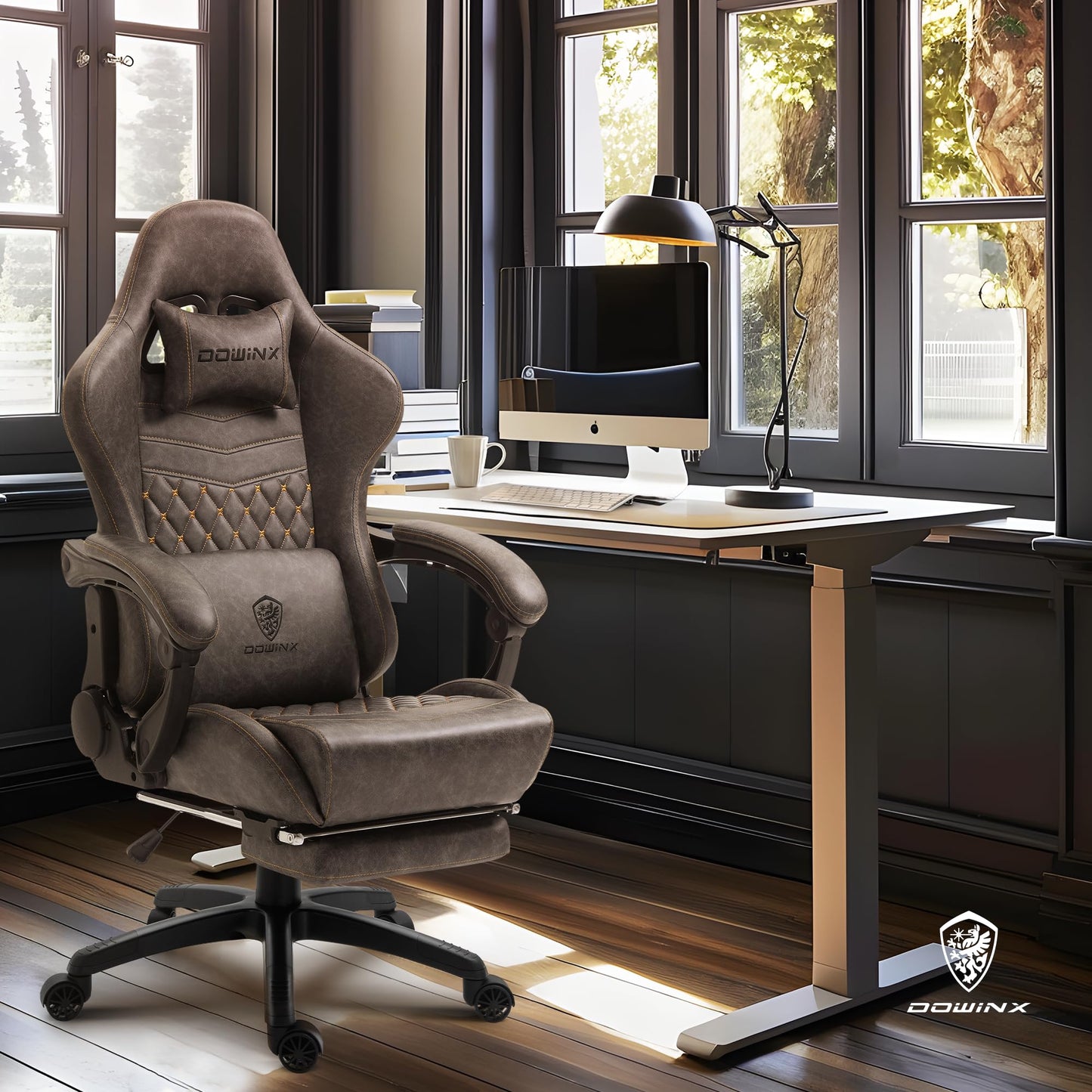Dowinx Gaming Chair Big and Tall, Ergonomic PC Gaming Chair with Footrest & Massage, Racing Style Reclining Computer Chair for Adults, 400LBS Capacity - Heavy Duty Gamer Chair (Brown)