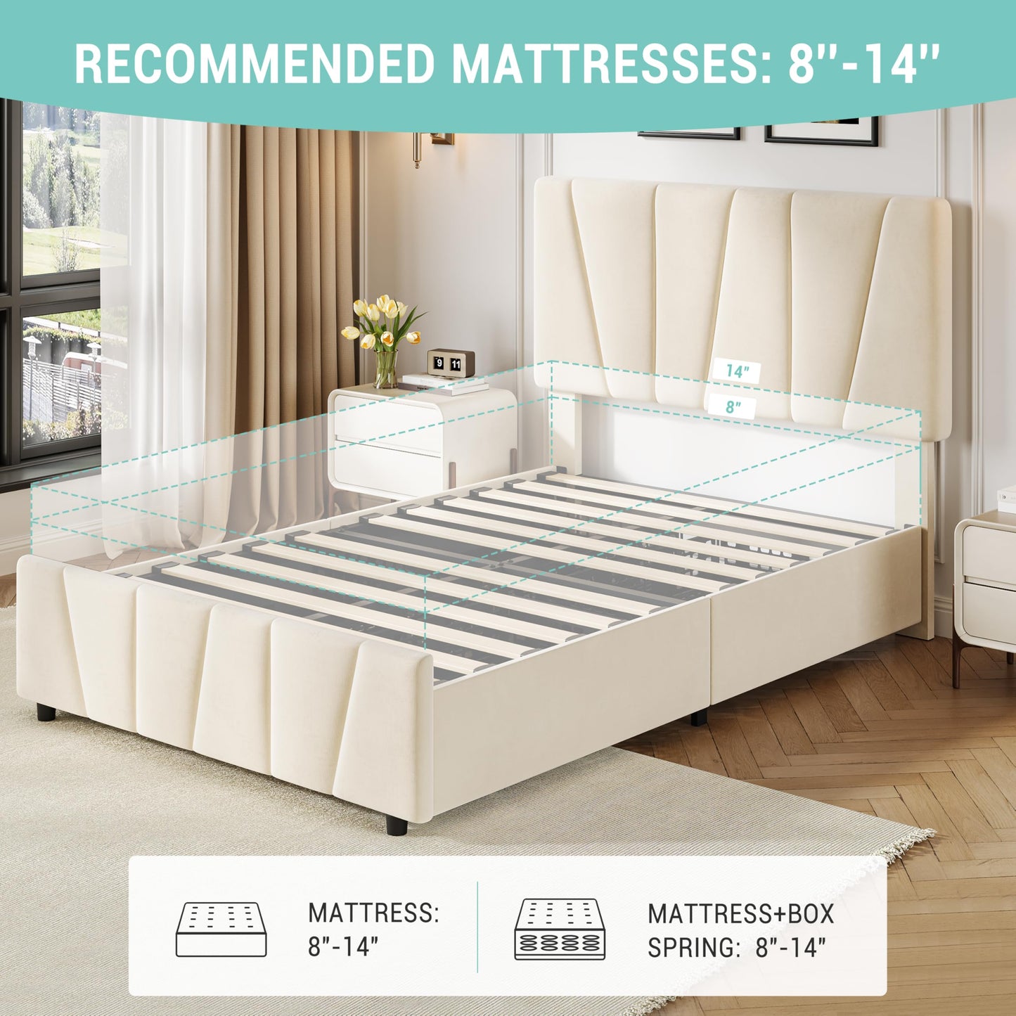 GarveeHome Twin Size Bed Frame with Adjustable Headboard and 2 Storage Drawers, Velvet Upholstered Tufted Twin Platform Bed Frames with Wooden Slats Support, Bedframe No Box Spring Needed, Beige/Cream