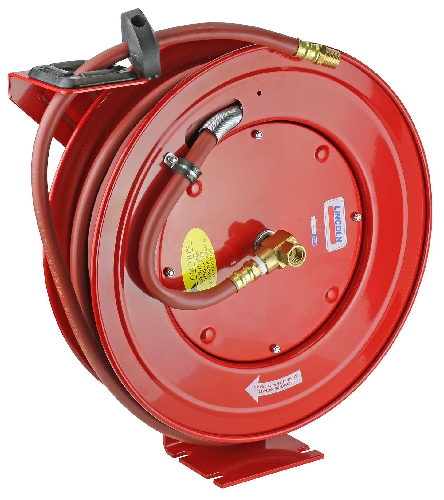 Lincoln 83753 Value Series Air/Water Retractable Hose Reel with 50' x 3/8" Rubber Air Hose, 1/4" NPT, 300 PSI, Slotted Mounting Base, 5-Position Adjustable Outlet Arm, All-steel Construction, Red