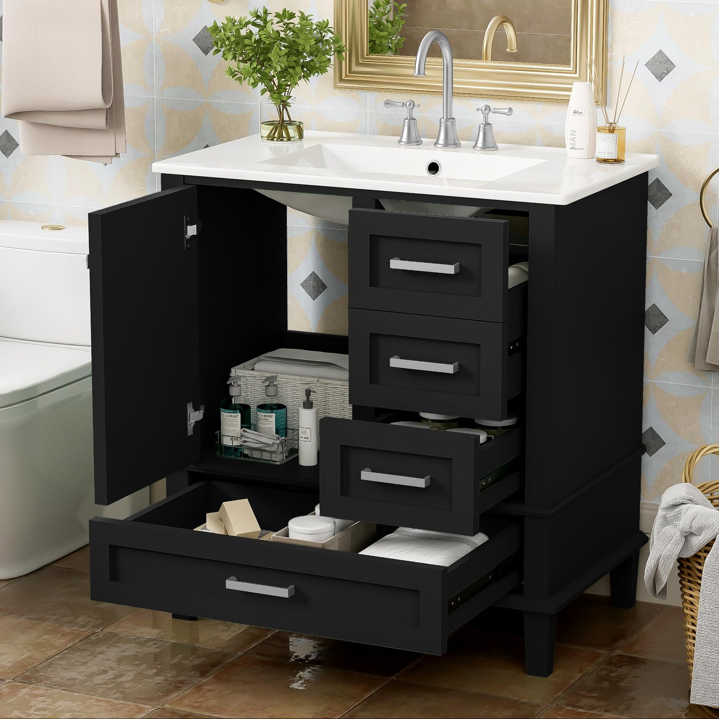 Merax 30" Black Bathroom Vanity with Sink Combo Set, Modern Storage Cabinet with a Soft Closing Door and 3 Drawers