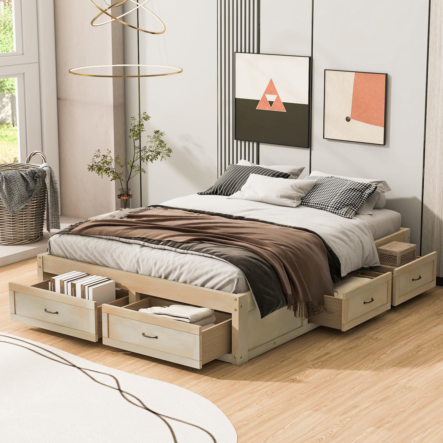 Ball & Cast Queen Size Bed Frame,Wooden Platform Bed with 6 Storage Drawers and Solid Wood Slats Support,No Box Spring Needed,Easy Assembly,Antique Natural