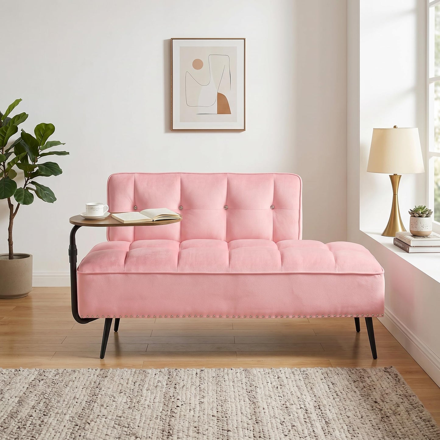 Trygoal Velvet Loveseat Sofa Couch, Futon Sofa Couch with 360° Swivel Side Table, Small Couches with Backrest and Foam Cushion for Small Spaces, Entryway Bench, Apartment, Bedroom, Pink