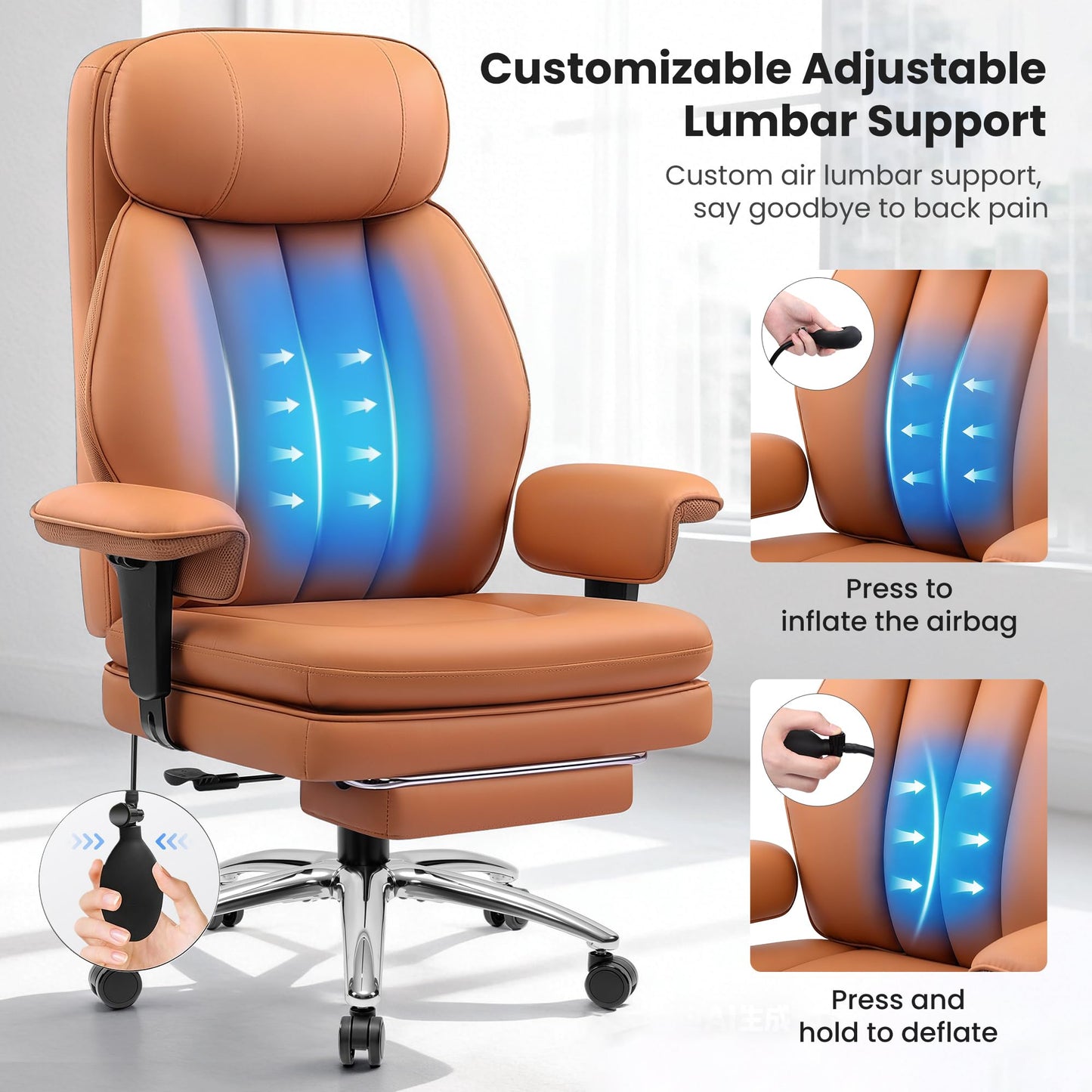 BestGlory Office Desk Chair with Inflatable Lumbar Support, Ergonomic Office Chair [Upgraded Double-Layer Cushion & Footrest], 400 LBS Big and Tall Computer Desk Chair for Home Office Gaming, Brown