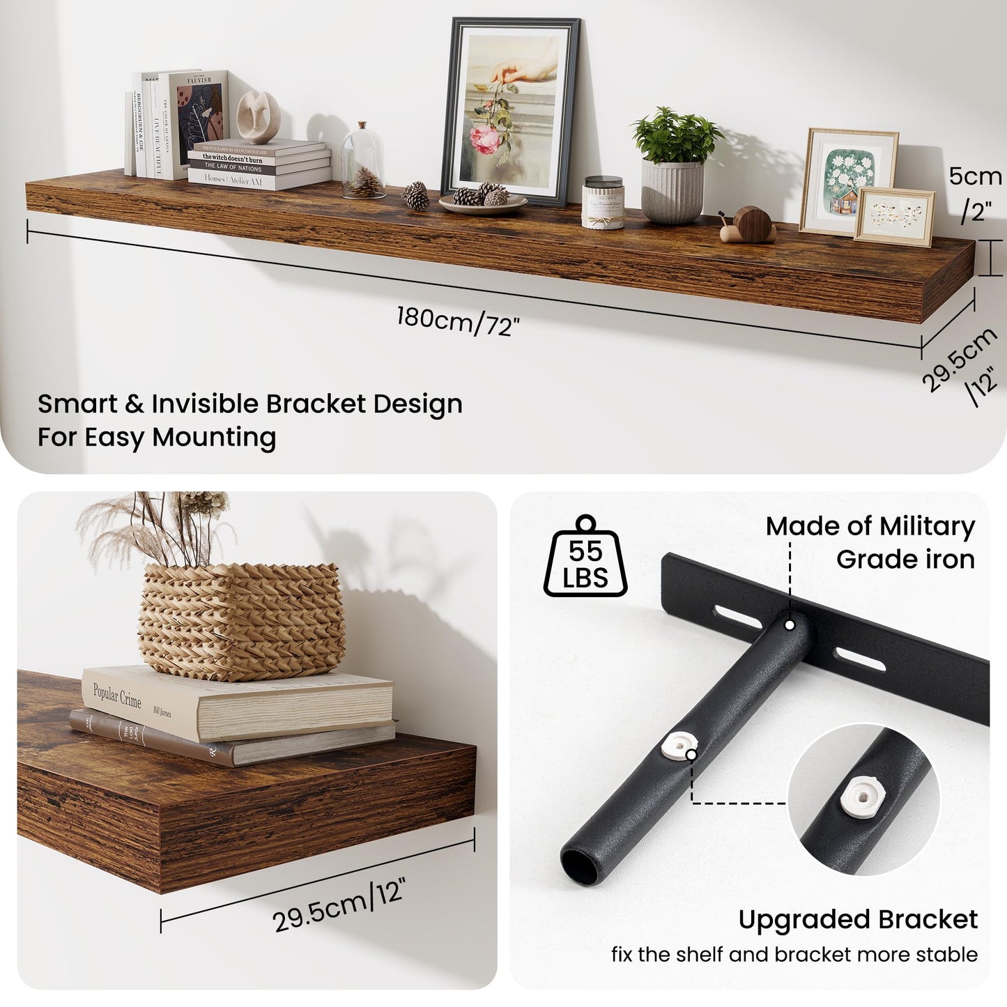 Fun Memories 72 Inch Fireplace Mantel Shelf, 12 Inch Deep Shelves for Display & Wall Storage, Rustic Wood Wall Shelf, Extra Long Floating Shelves for Living Room Laundry Room, Rustic Brown, Set of 2