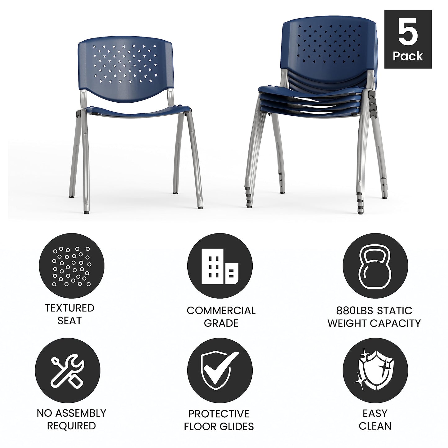 Flash Furniture Hercules Series Plastic Contoured Lobby Chairs with Perforated Backs, Ergonomic Stacking Chairs for Offices, Set of 5, Navy