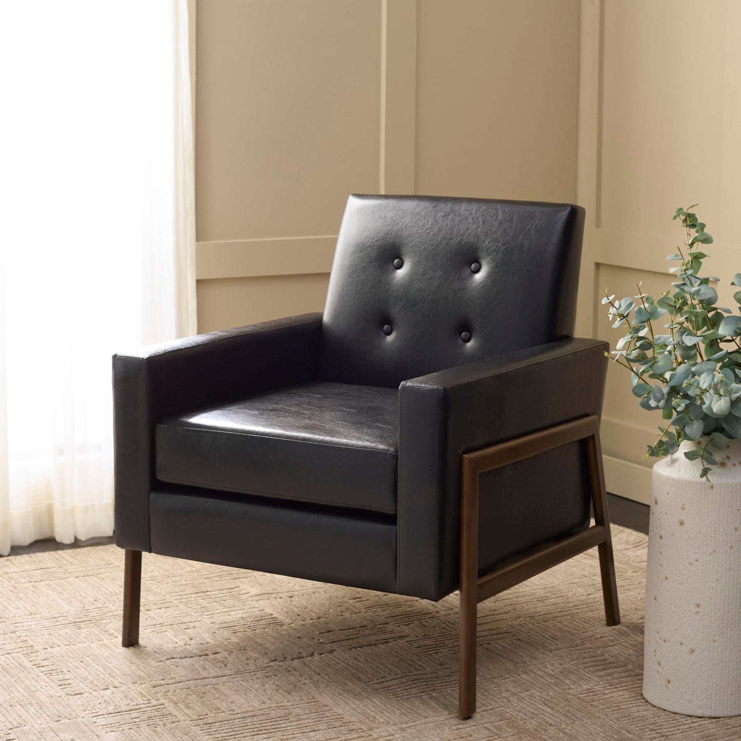 SAFAVIEH Home Collection - Roald Accent Chair, Black Faux Leather Tufted Seat & Antique Brown Solid Wood Frame (ACH6209D)