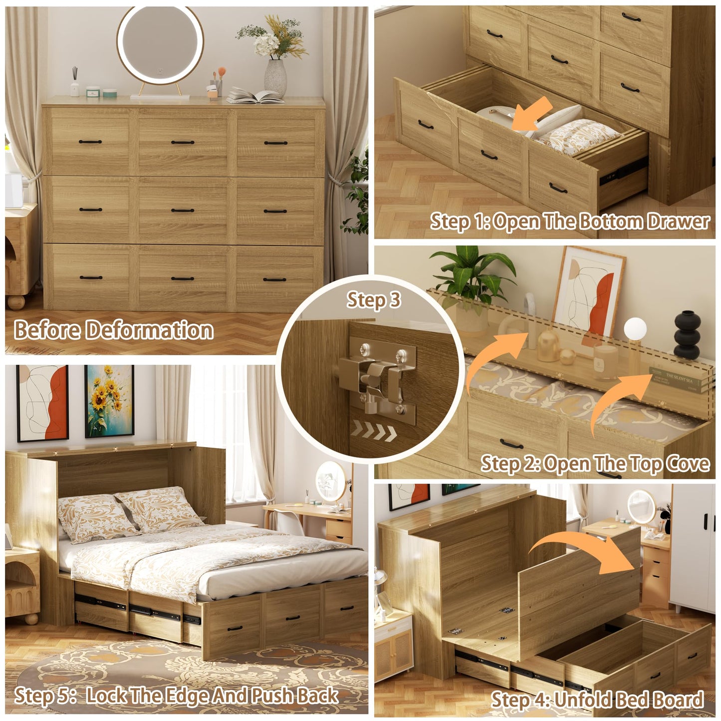 QUNTTINA Full Size Murphy Bed Wood Wall Bed Cabinet with Large Drawer Space-Saving Hidden Foldable Platform Bed Chest Mobile Cabinet Bed Frame Storage Cabinet with USB Ports for Bedroom, Guest Room