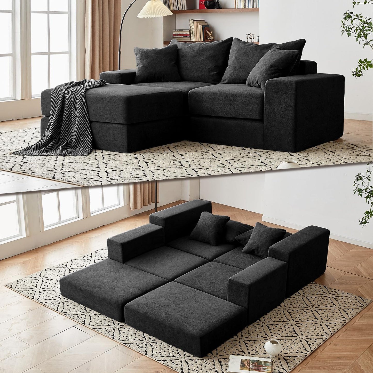 Modular Sectional Loveaeat Cloud Sofa, Boneless Couch with Non Slip Base, Cozy Sleeper Sofa for Customizable Living Spaces, Modern Modular Couch with L-Shape Chaise, Deep Seat & No Assembly, Black
