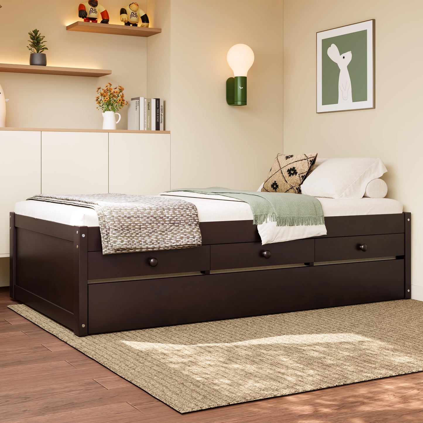 Twin Platform Bed with Trundle and Storage Drawers, Solid Wood Daybed with Power Outlets and Full-upgraded Slats, Twin Bed Frame for Bedroom, Guests, Living Room, No Box Spring Needed, Espresso