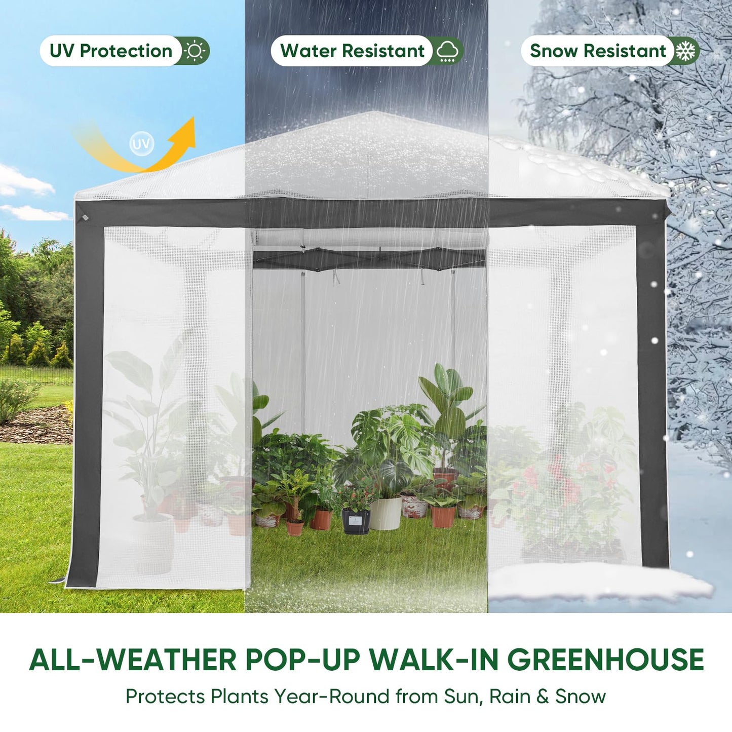 EAGLE PEAK 10x10 Portable Walk in Greenhouse with Polyester Reinforced Corners, Instant Pop up Indoor Outdoor Gardening Green House, Roll Up Zipper Entry Doors and Mesh Windows, Gray/White