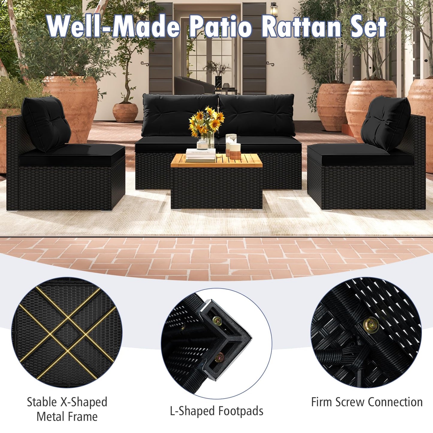 Tangkula 5 Pieces Wicker Patio Furniture Set, Outdoor 4 Armless Rattan Sofa & Coffee Table Set, with Cushions, Acacia Wood Tabletop, Sectional Patio Conversation Set for Lawn, Yard, Poolside, Black