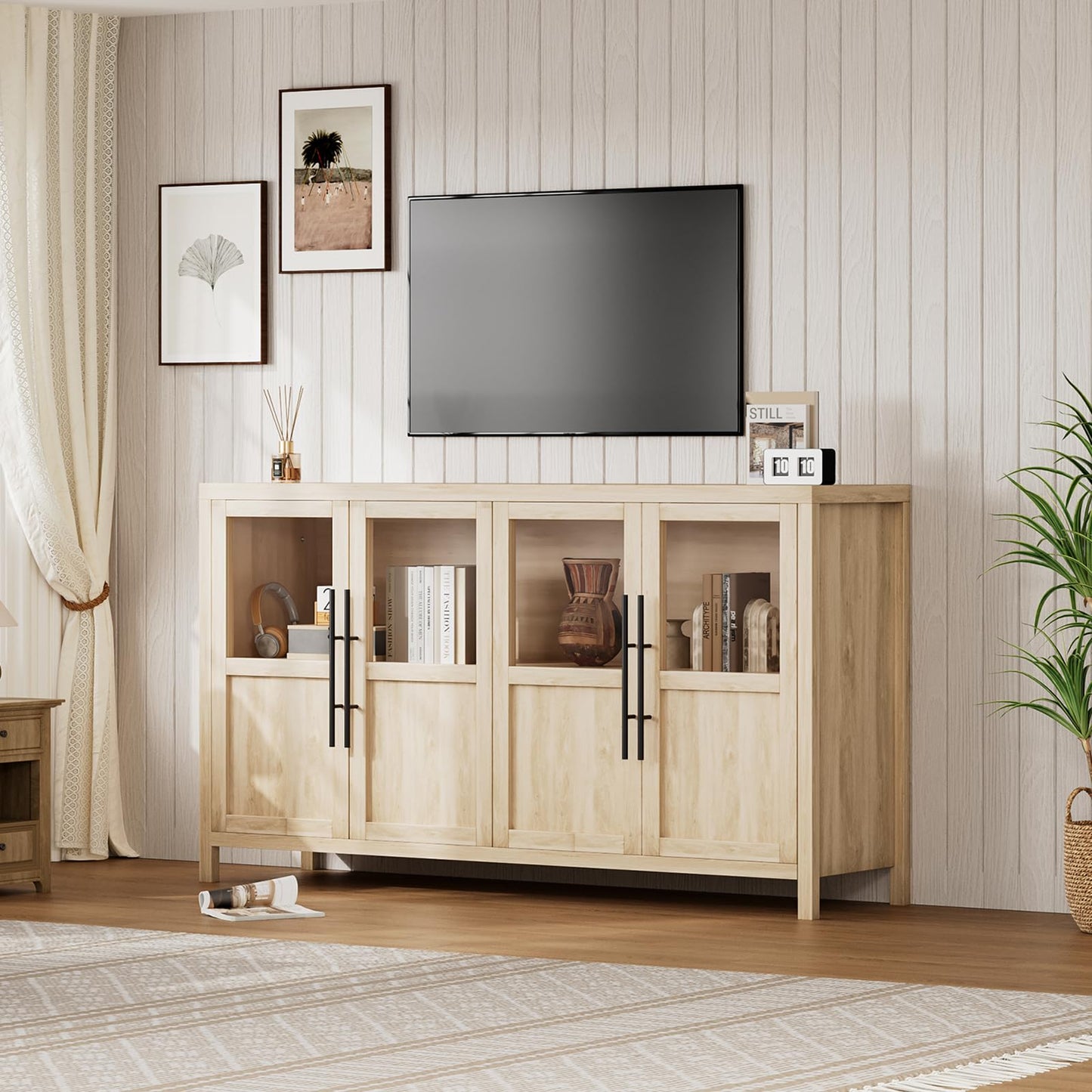 GarveeLife Sideboard Buffet Cabinet with 4 Glass Doors, 55 Inch Coffee Bar Wine Display Cabinet, Modern Storage Console for Kitchen Dining Room Living Room, Natural