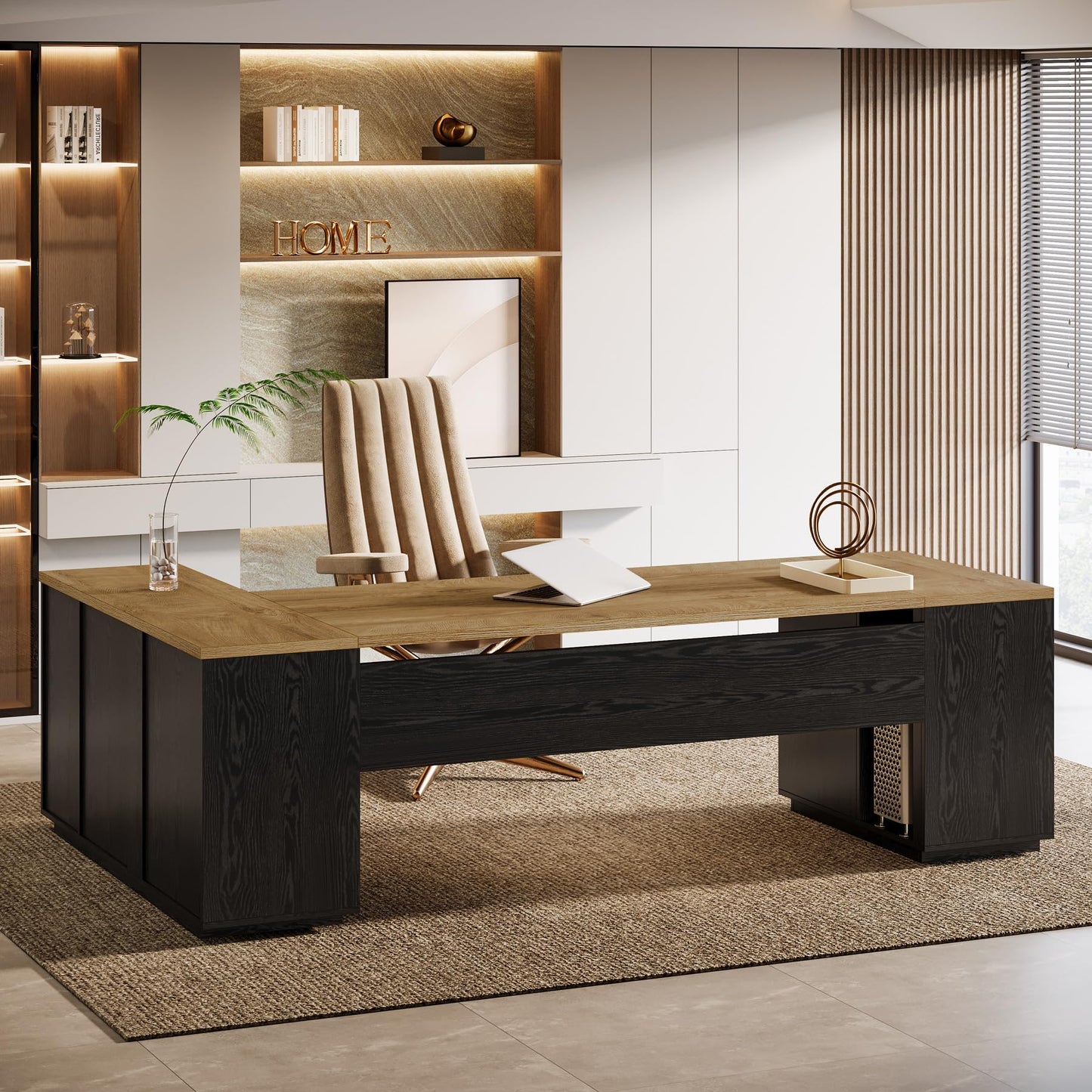 Tribesigns 85.8-Inch L-Shaped Executive Office Desk with File Drawers & Storage Cabinet, Professional Corner Computer Desk Extra Large Business Workstation with Adjustable Shelves (Light Brown&Black)