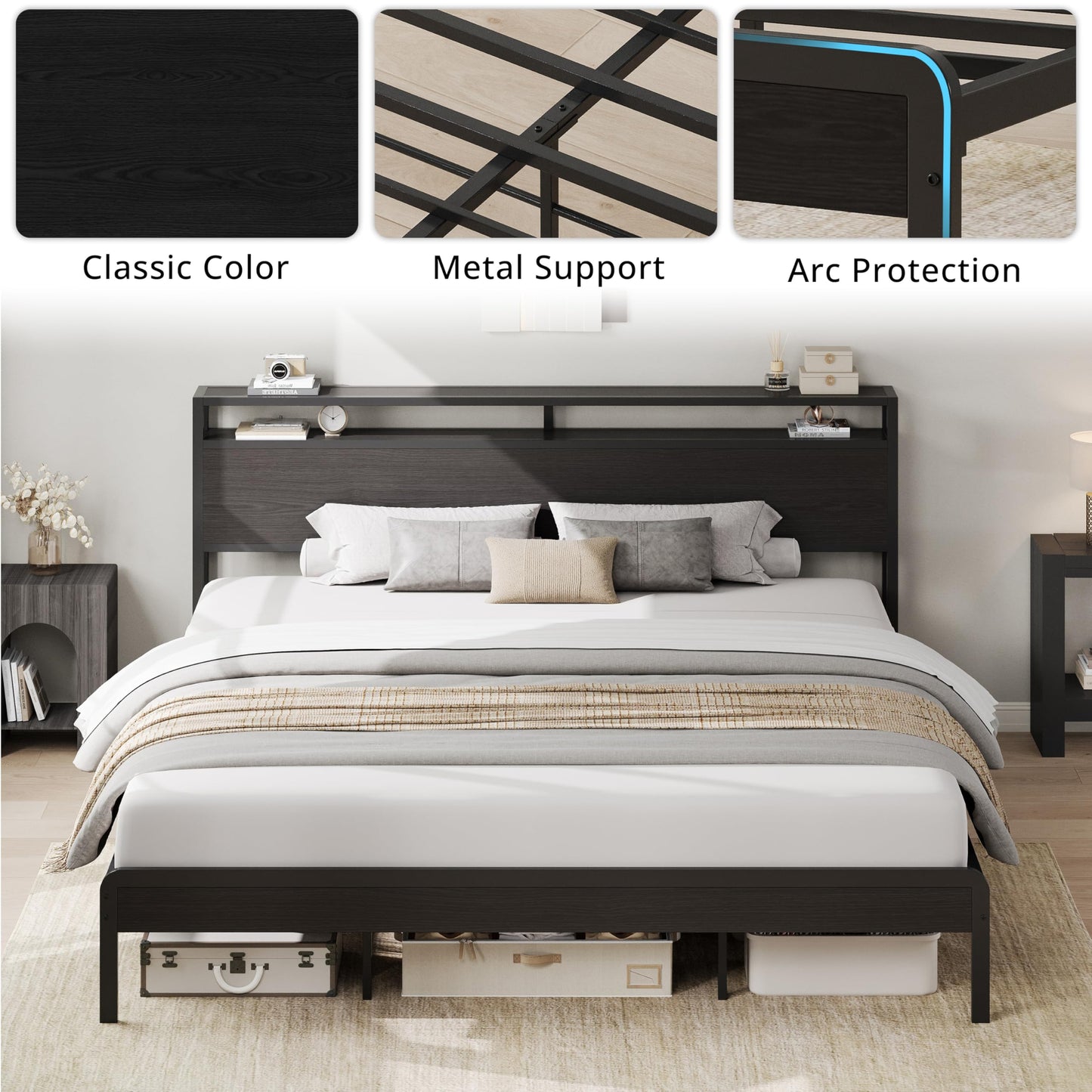 LIKIMIO California King Bed Frame with Headboard, Dark Wood Camas California King with Strong Supports, Sturdy, Noise-Free, No Box Spring Needed, Classic Black