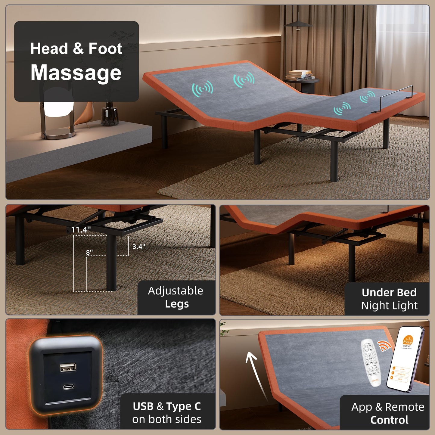 ESHINE King Adjustable Bed Frame Base - Easy to Install in 5 Minutes, Massage, Wireless Remote, Foot&Head Inclined, Zero Gravity, Dual USB Ports, Under Bed Light, 3000 Premium Series