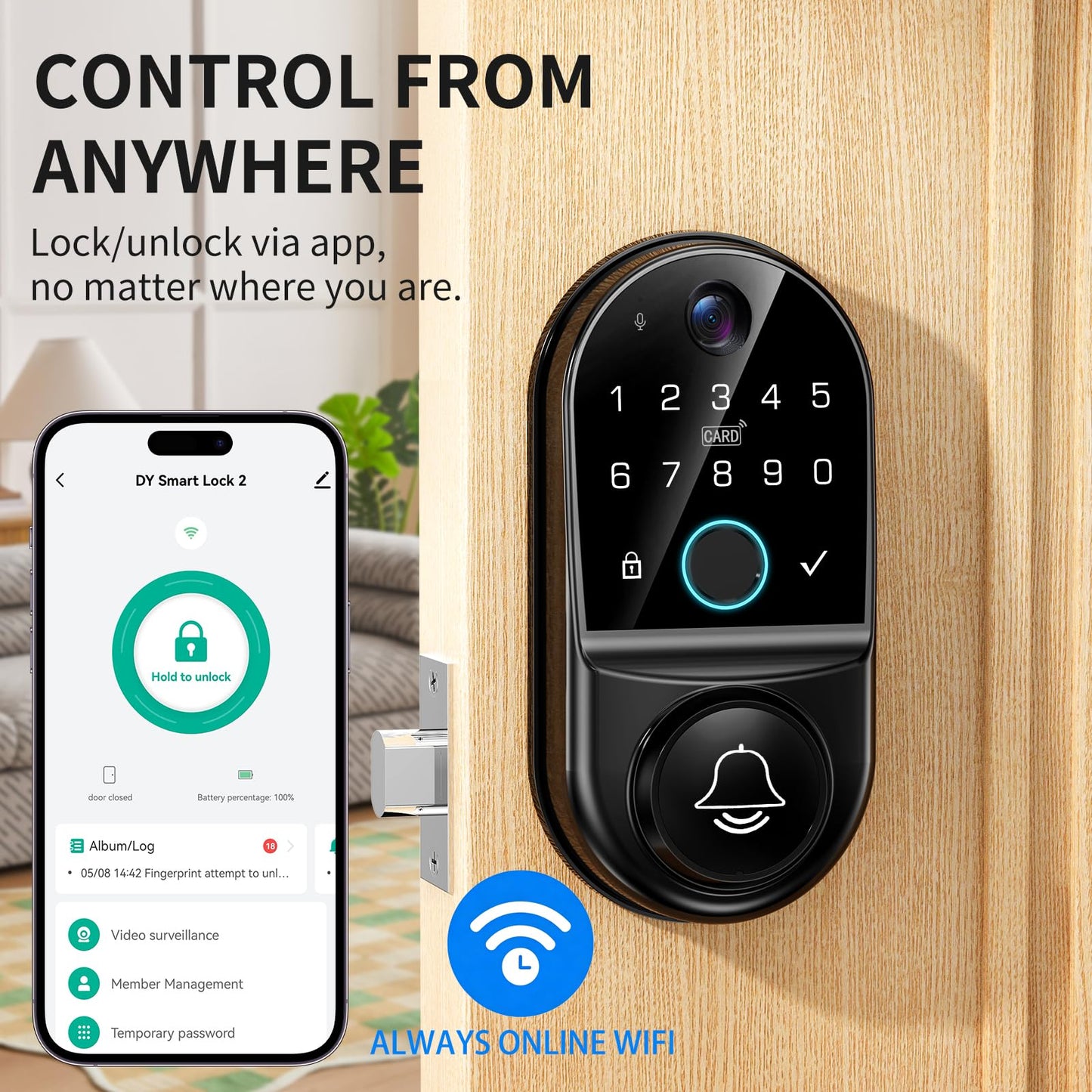 Yinaou Smart Door Locks with Camera: WiFi Keypad Deadbolt with 1080p HD Night Vision & Video Doorbell - App Control Digital Code Fingerprint Keyless Entry Electronic Locks for Front Door