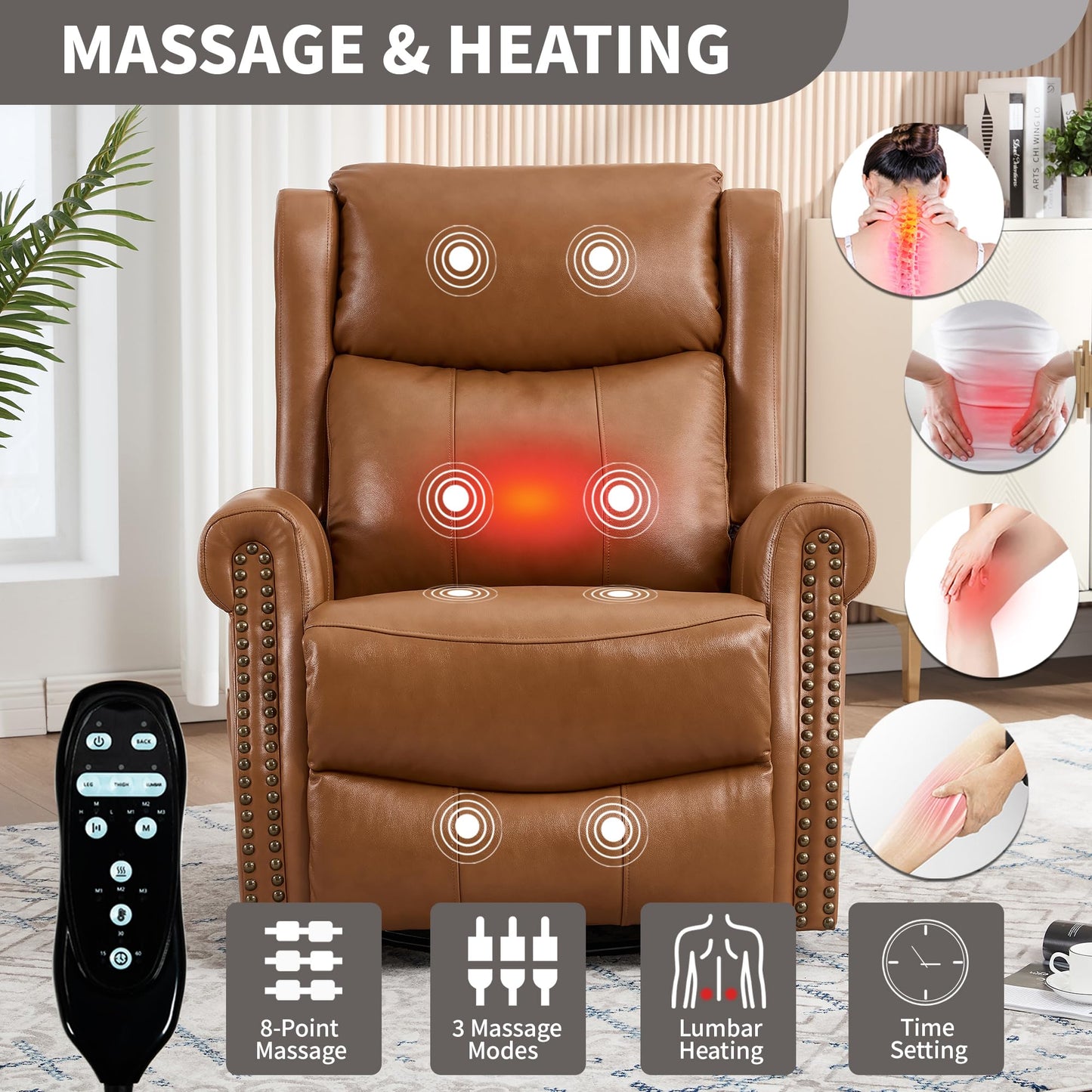 KEIKI Heat Massage Recliner Chair with Rocker & 360° Swivel, Manual Handle Reclining Lounge Chair with Lumbar Heat, Vibration Massage & Cushion Back for Living Room, Light Yellow