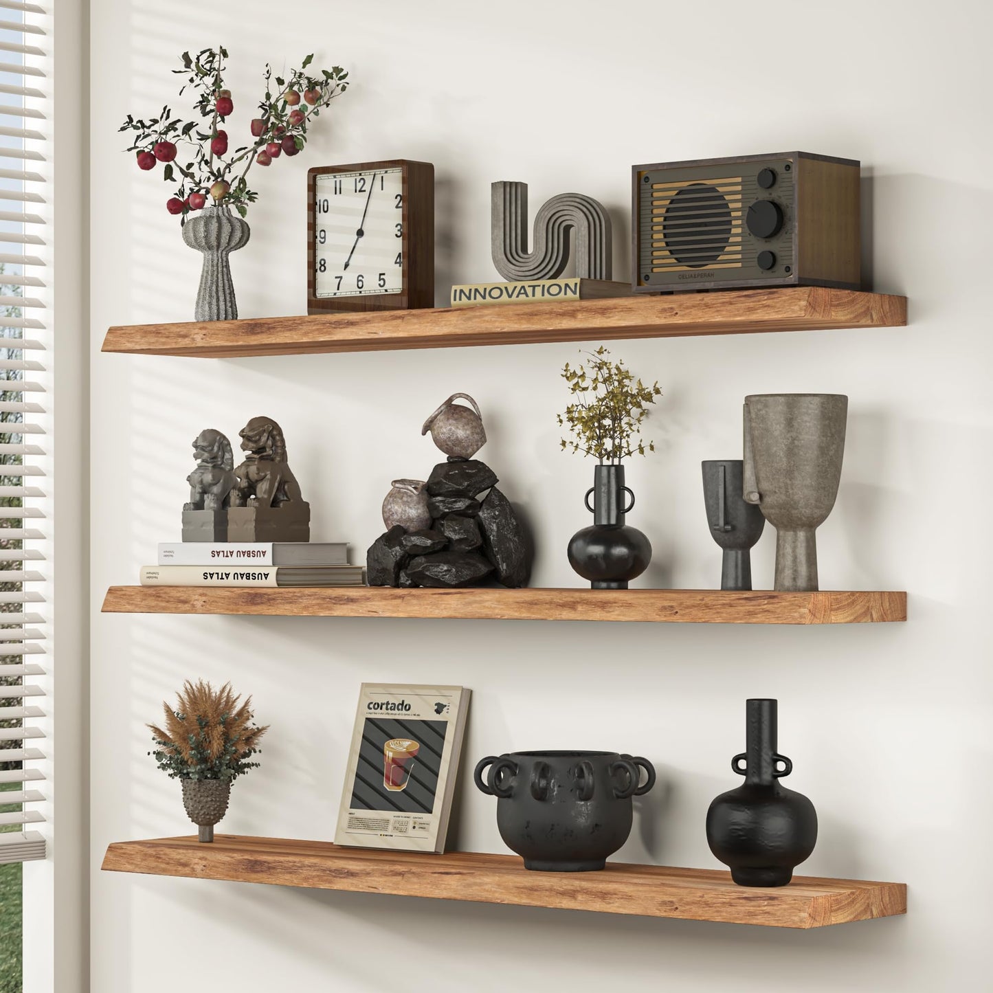 Floating Shelves for Wall, 60"x9.3" Rustic Solid Live-Edge Elm Wood Wall Shelves, Heavy-Duty Floating Shelves with Invisible Brackets for Living Room, Bedroom, and Kitchen, Natural Finish