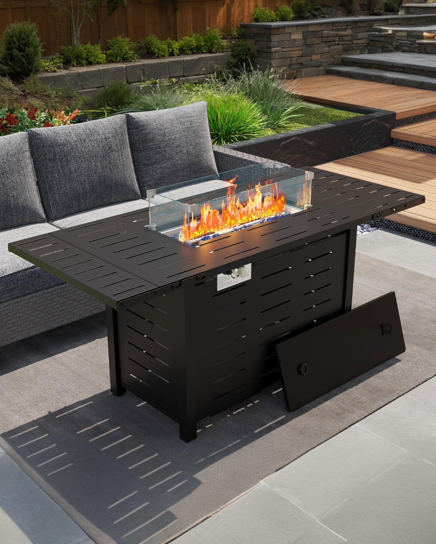 Hipicute 55" Outdoor Propane Fire Pit Table, 48,000 Btu Lp Gas Rectangular Fire Table with Ignition Systems and Lid,Outdoor Firetable with Glass Rocks for Patio Deck Garden Backyard