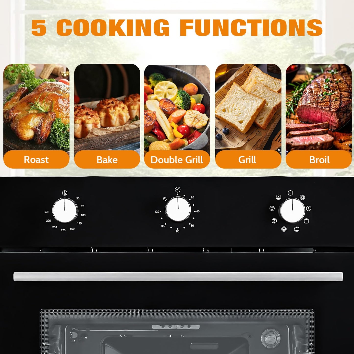 24" Single Wall Oven, 2.5 Cu.Ft. Built-in Electric Single Wall Ovens with Mechanical Knobs, Double-Layered Glass Door, 5 Cooking Functions, 3000W 240V Ideal for Kitchen Oven