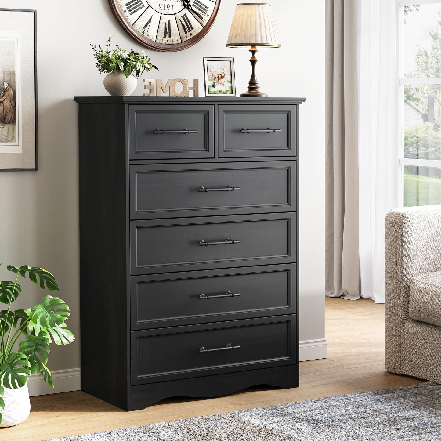 YANSNWO Black Farmhouse Dresser for Bedroom, Modern 6 Chest of Drawers, 44" Tall Chest of Drawers w/Brushed Metal Handle, Wood Closet Organizers and Storage Cabinet for Bedroom, Living Room, Hallway