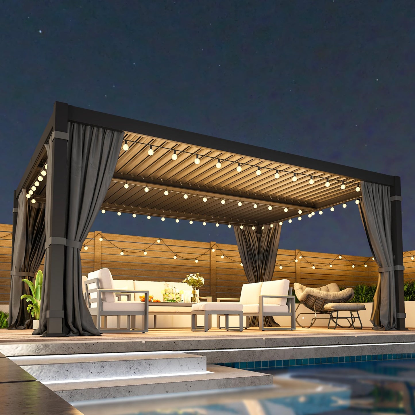 12' x 16' Louvered Pergola, Outdoor Pergola with Curtains & Netting, Metal Patio Pergola with Adjustable Louvers Roof and Gutter System, Metal Hardtop Gazebo for Patio, Deck, Garden, Yard, Dark Gray
