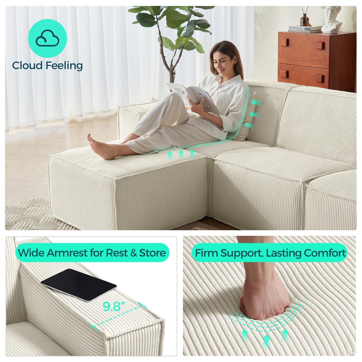 LINSY HOME Modular Sectional Sofa, 105" Boneless Couch L Shaped 3-Seat Sofa with Movable Ottoman, Corduroy Sectional Cloud Couches for Living Room, No Assembly Required, Beige