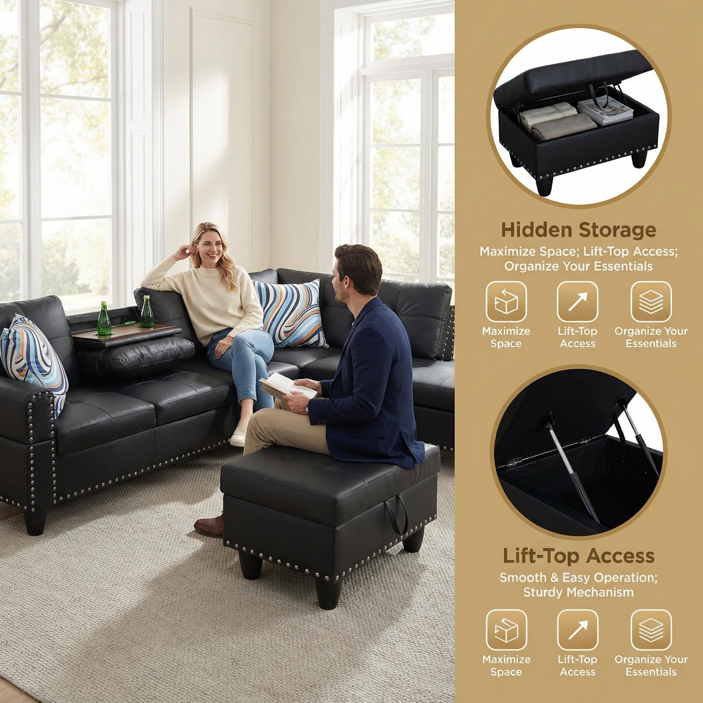 Trygoal L-Shaped Sectional Sofa with Movable Chaise & Storage Ottoman - 3-Piece Leather Modular Convertible Couch for Living Room, Apartment & Home Office, Gloss Black